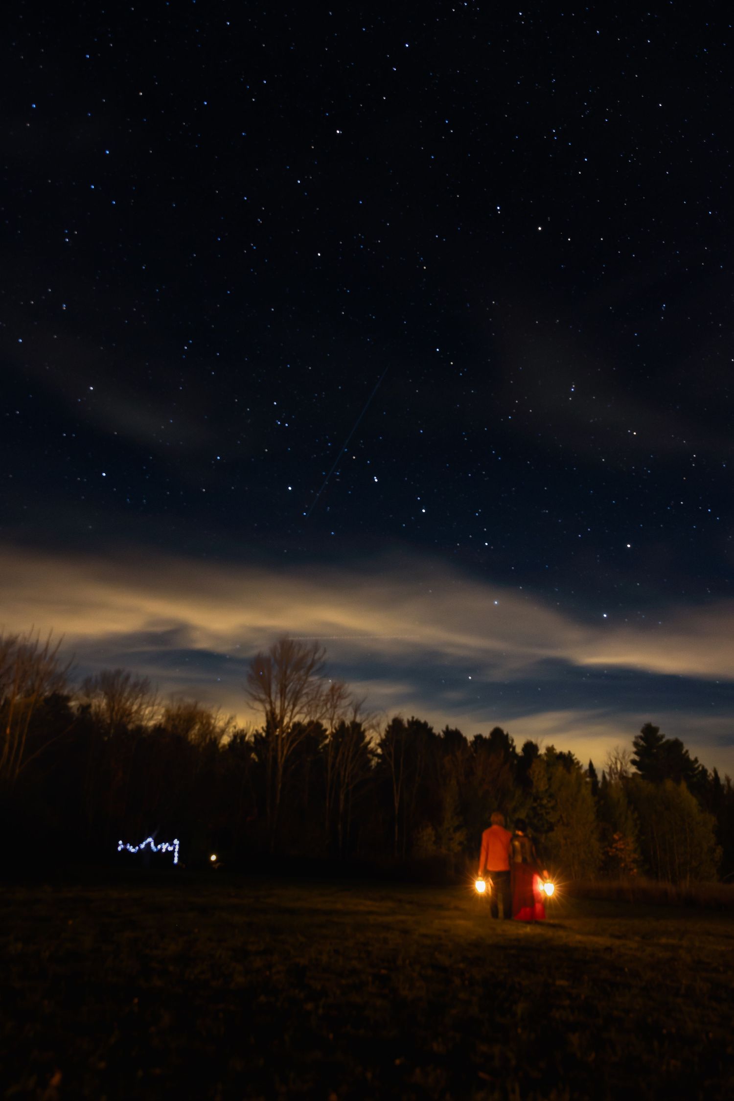 A timelapse sequence shows the starry night sky over a dark treeline with glowing lights in the distance.