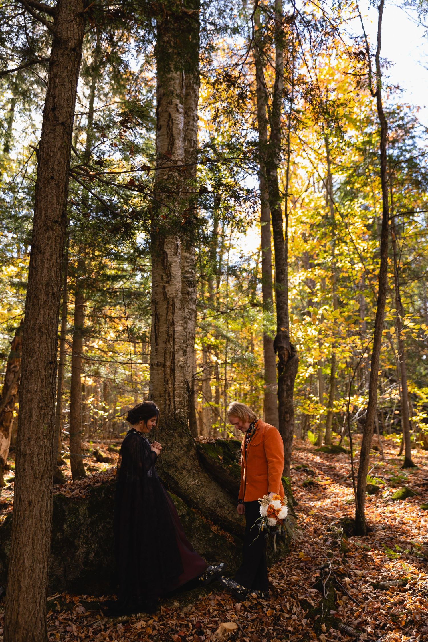 People explore a scenic autumn forest trail surrounded by tall trees with golden foliage and fallen leaves on the ground.