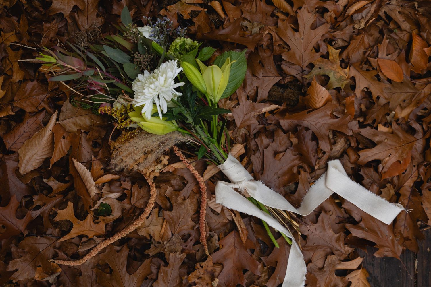 A small white flower bouquet with ribbon lies on a bed of brown fallen autumn leaves.