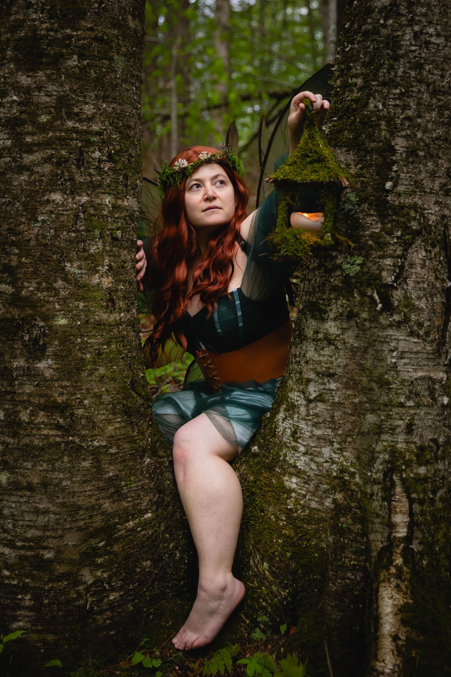 A red-haired woman in fairy costume sits between two trees holding a moss-covered lantern in an enchanted forest.