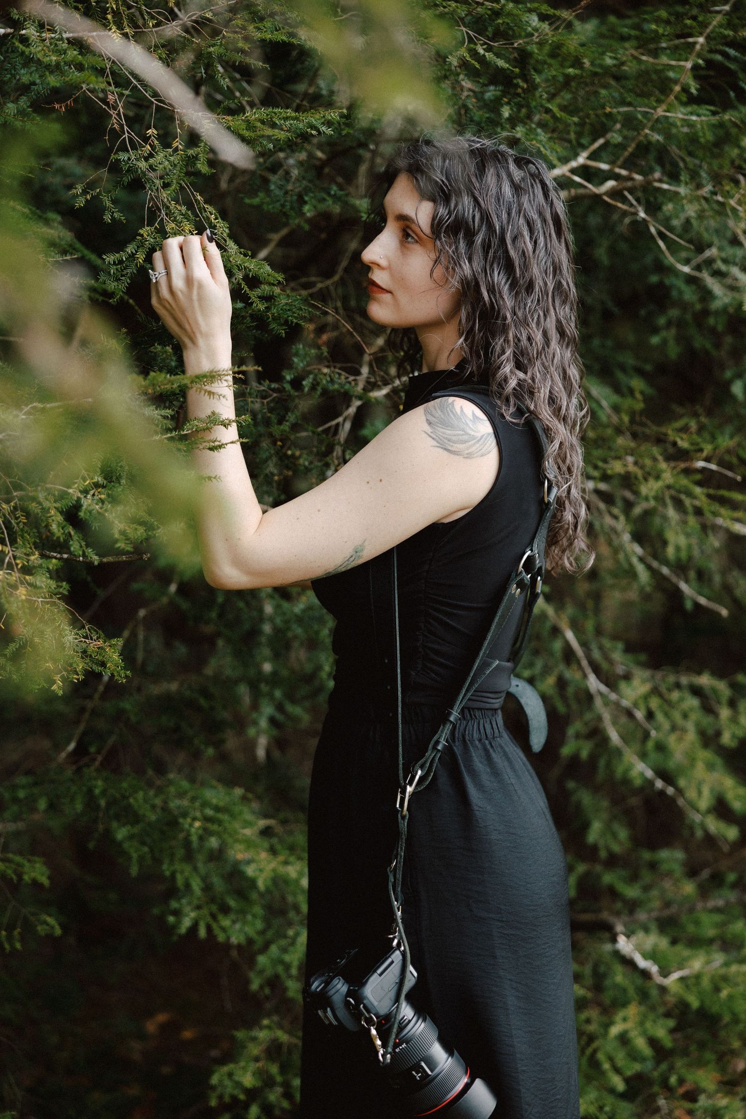 Female photographer with tattoo in black dress examines pine tree branches with camera at her side.