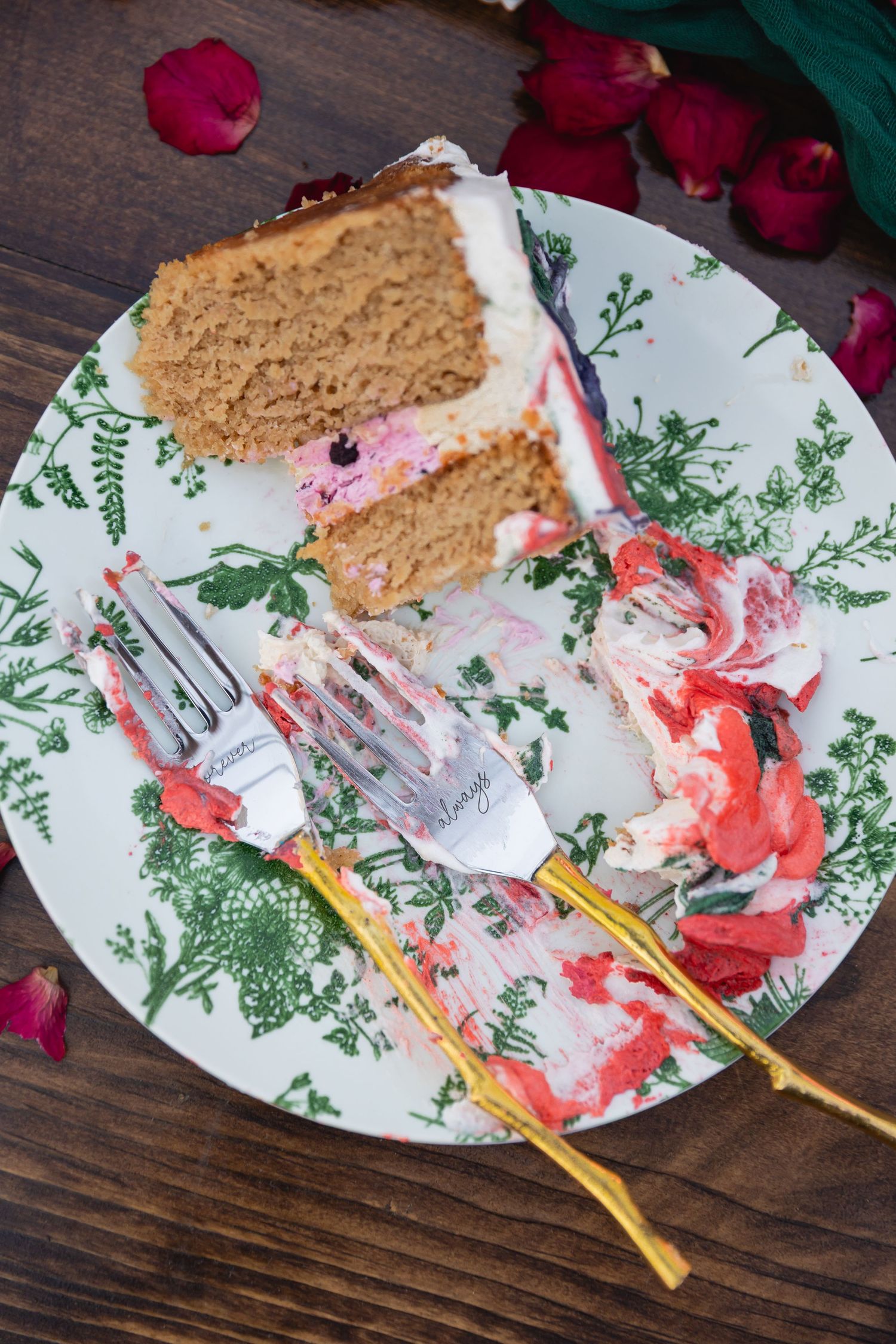 A sequence of photos showing a half-eaten dessert plate with crumbs and red stains on a decorative green and white dish.