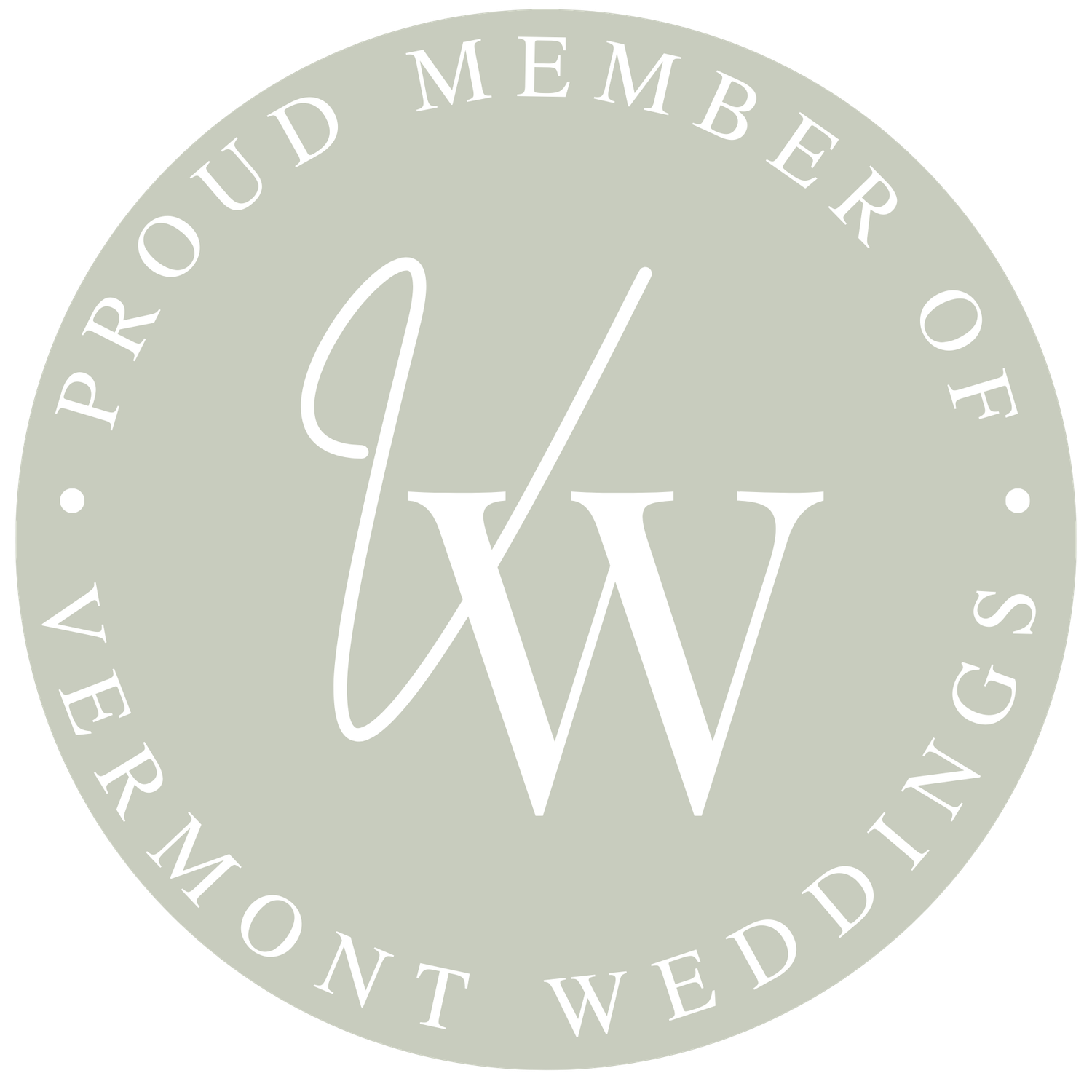 A round sage green badge reading Proud Member of Vermont Weddings with elegant VW monogram.