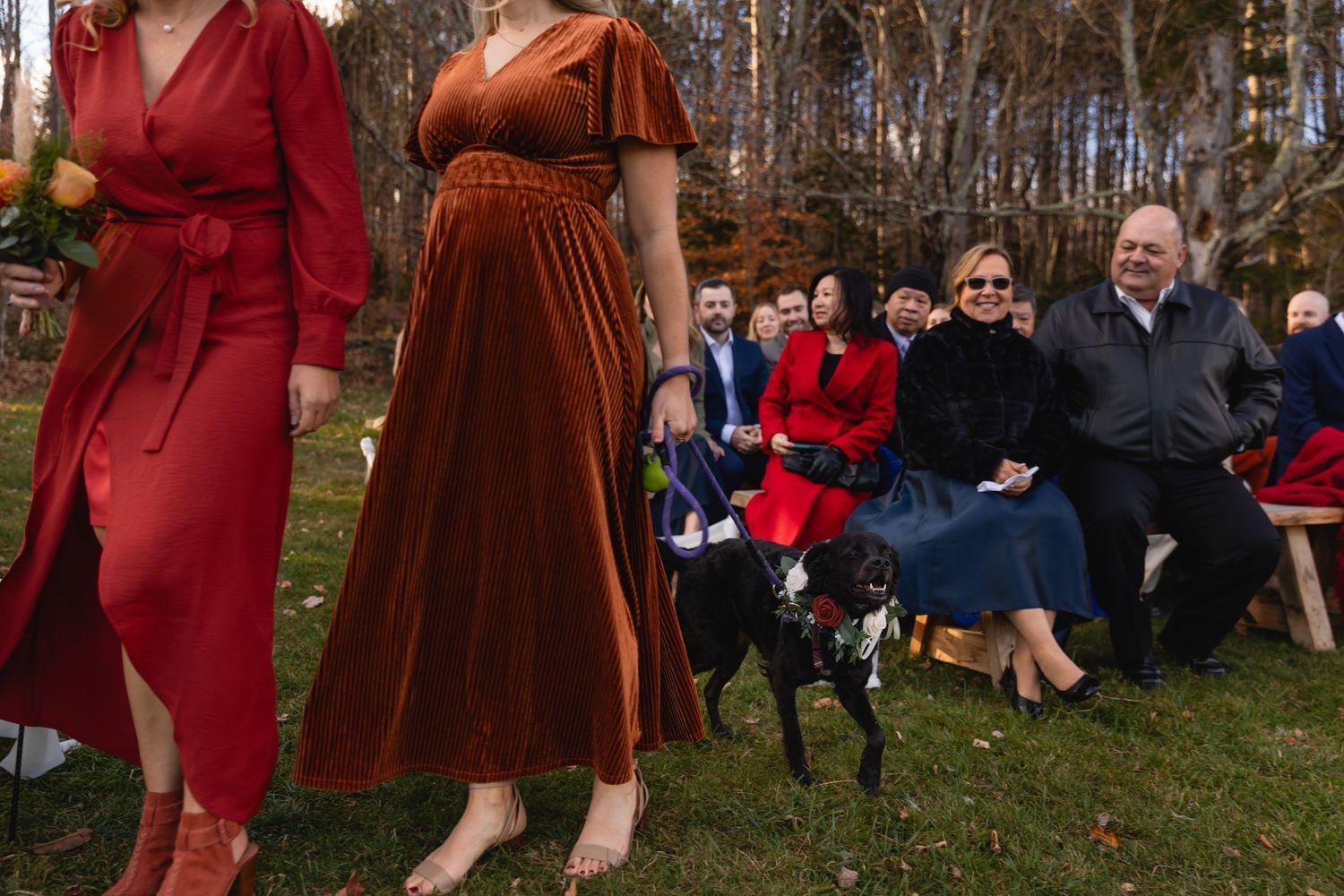 Guests sit outdoors watching a fall wedding ceremony while two people in red and rust-colored dresses stand to the side.