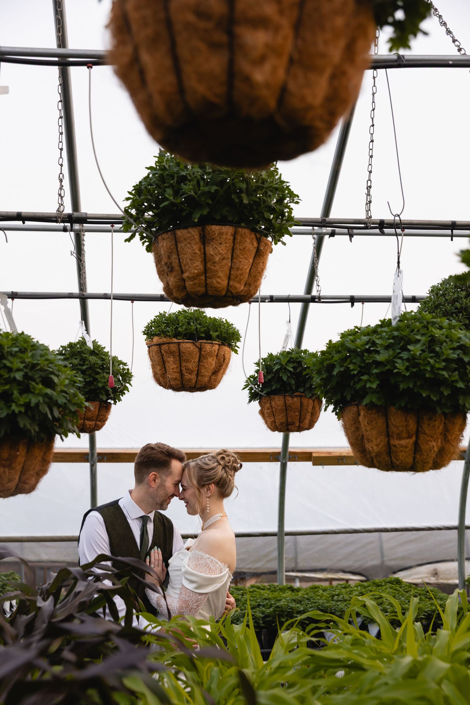 A couple shares an intimate moment in a greenhouse surrounded by hanging plants and greenery.