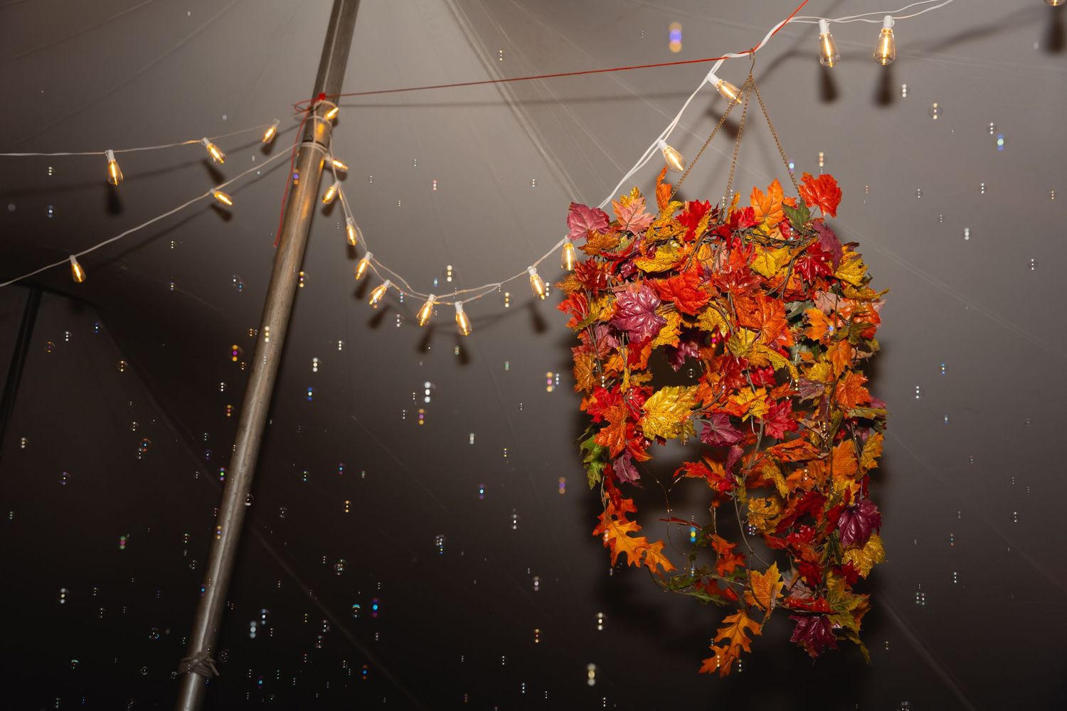 A colorful autumn floral arrangement hangs from a ceiling as sparkly lights twinkle in the dark background.