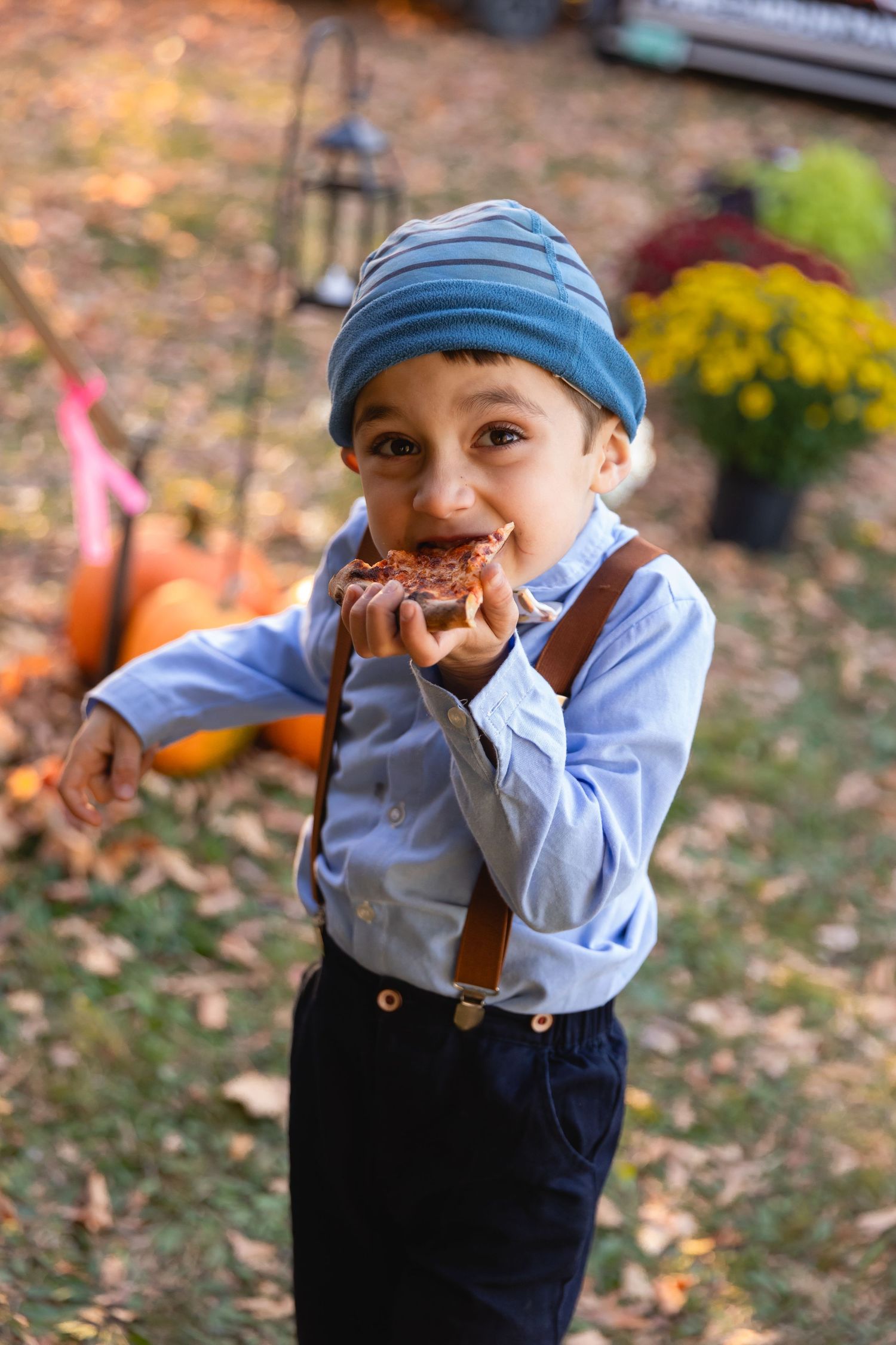 Young child in blue shirt and suspenders plays outdoors among fallen autumn leaves and pumpkins.
