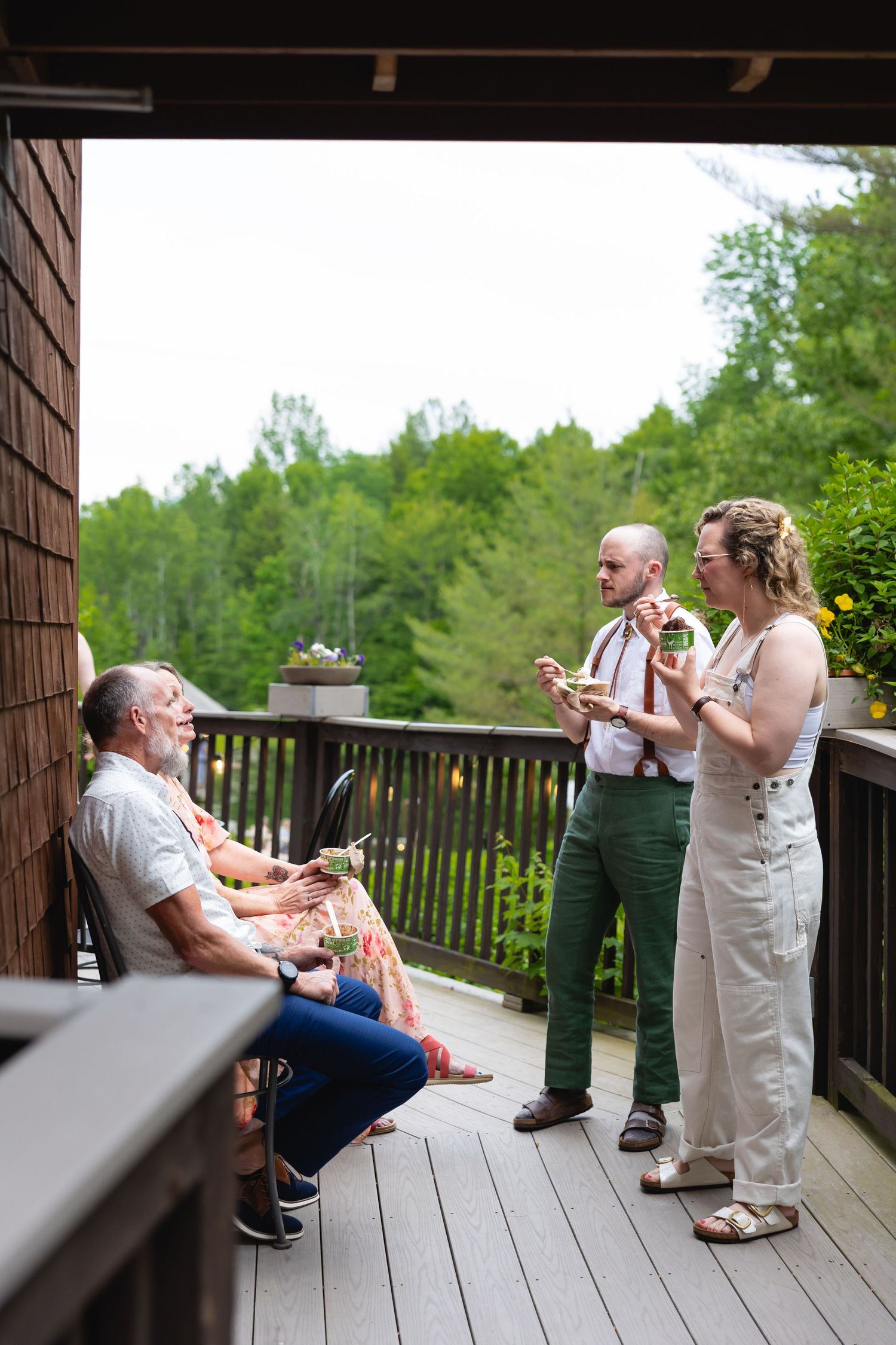 A sequence of four photos showing people sharing drinks and conversation on an outdoor wooden deck.