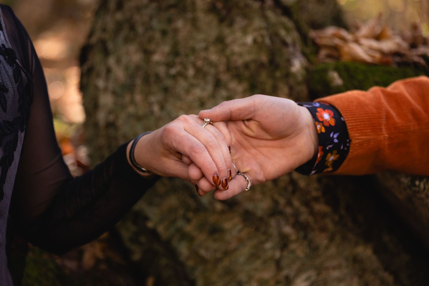 Close-up of hands exchanging wedding rings during an outdoor ceremony in autumn.