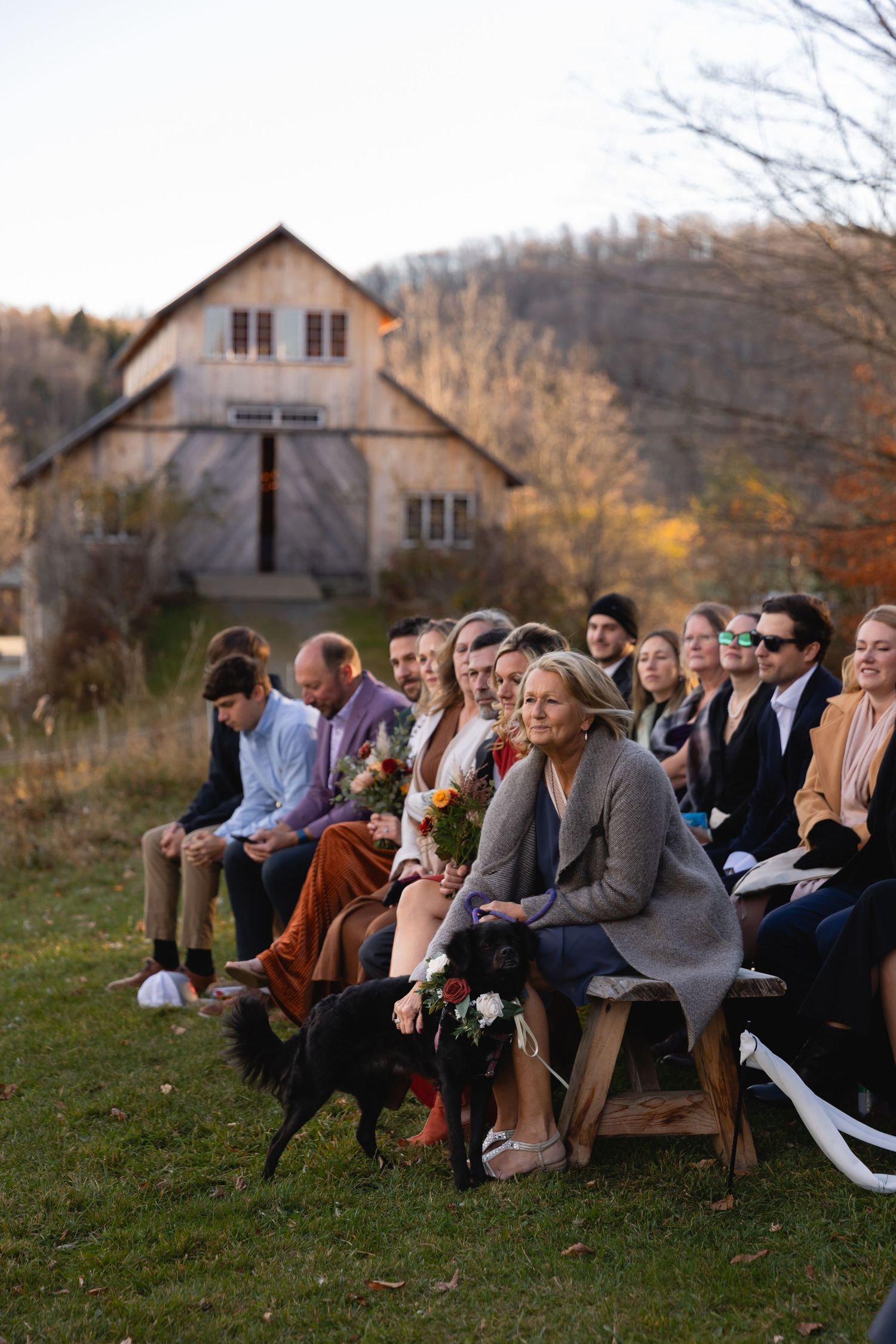 Wedding guests seated on white chairs gather for an outdoor ceremony with a rustic barn in the background.