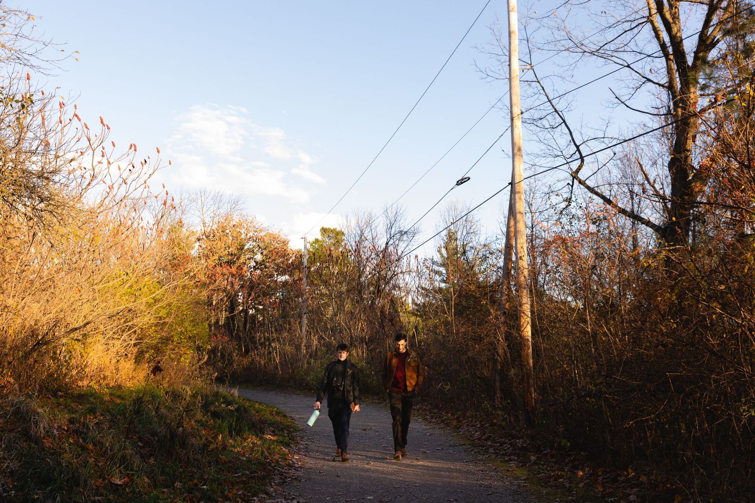 Two people walking on a trail surrounded by golden autumn foliage and bare trees under a blue sky.