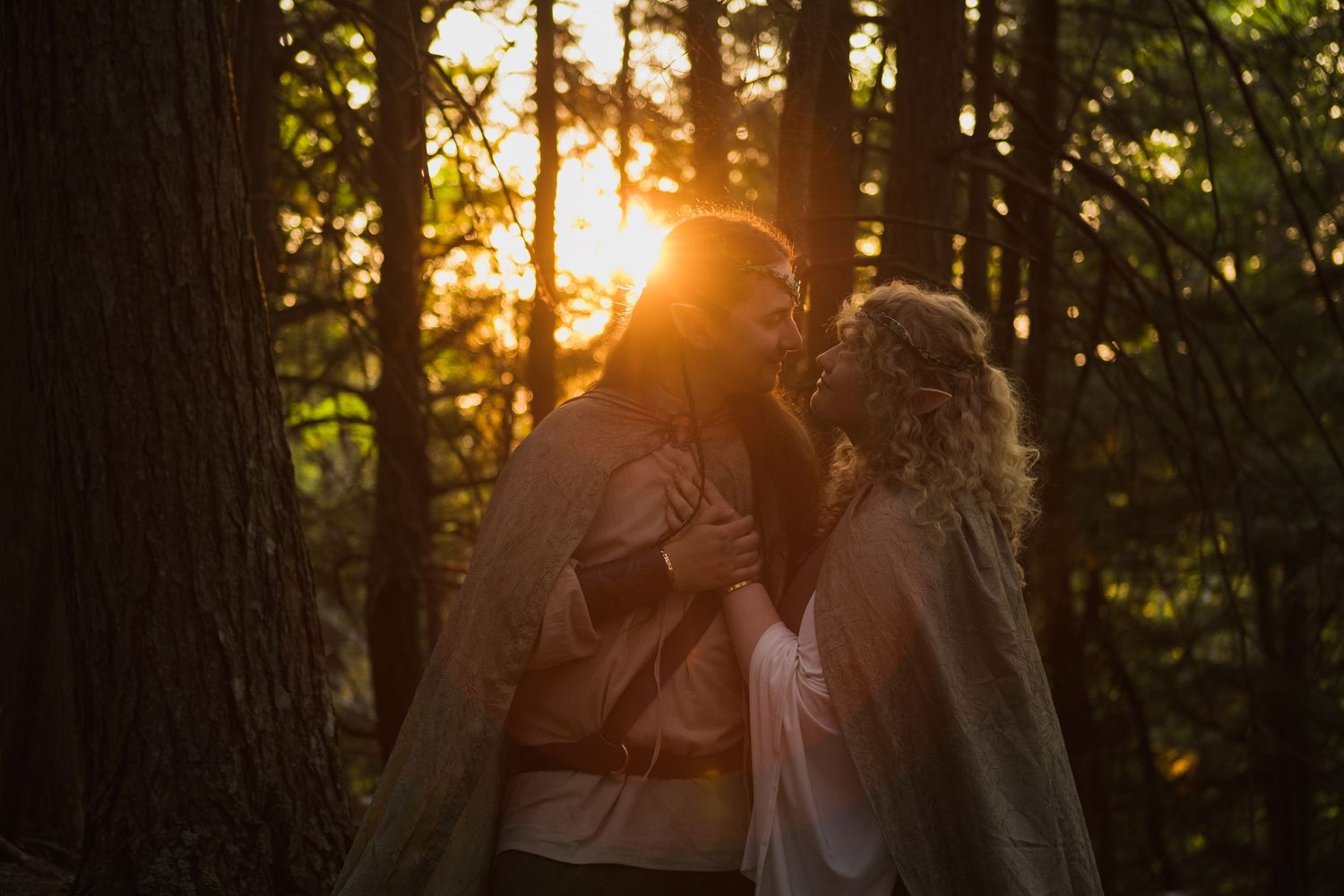 Couple in fantasy attire sharing a kiss bathed in golden sunset light in forest.
