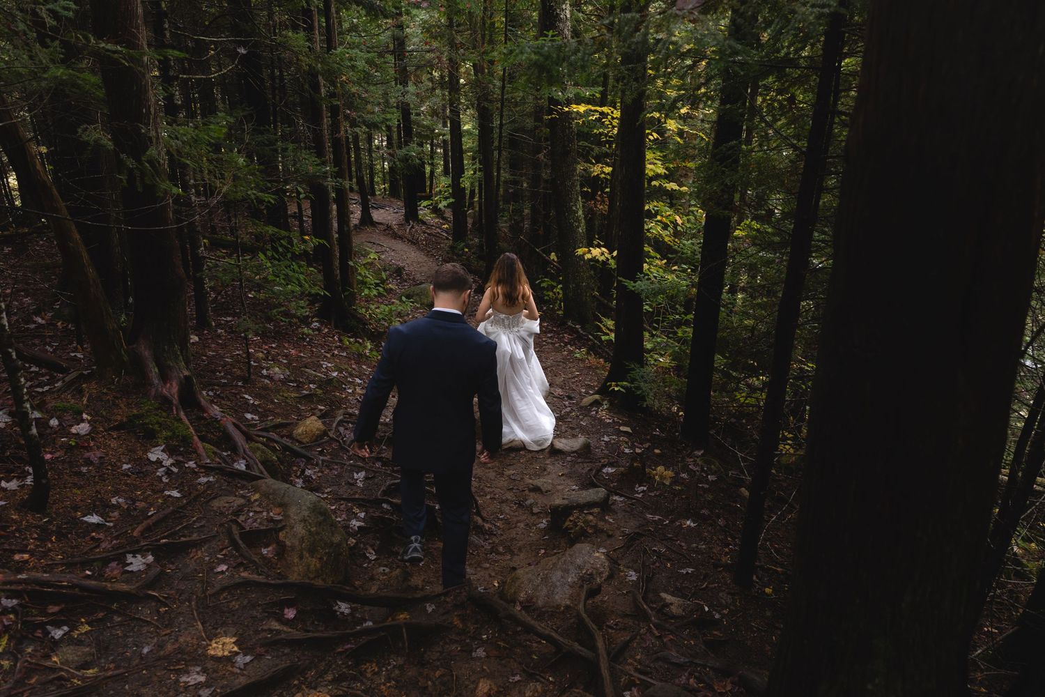 Couple walking down forest trail together through fallen leaves.
