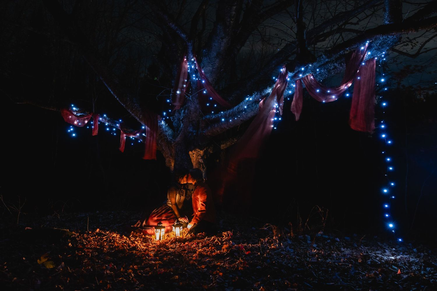 A series of colorful Christmas lights illuminate a dark outdoor scene with a festive holiday glow.