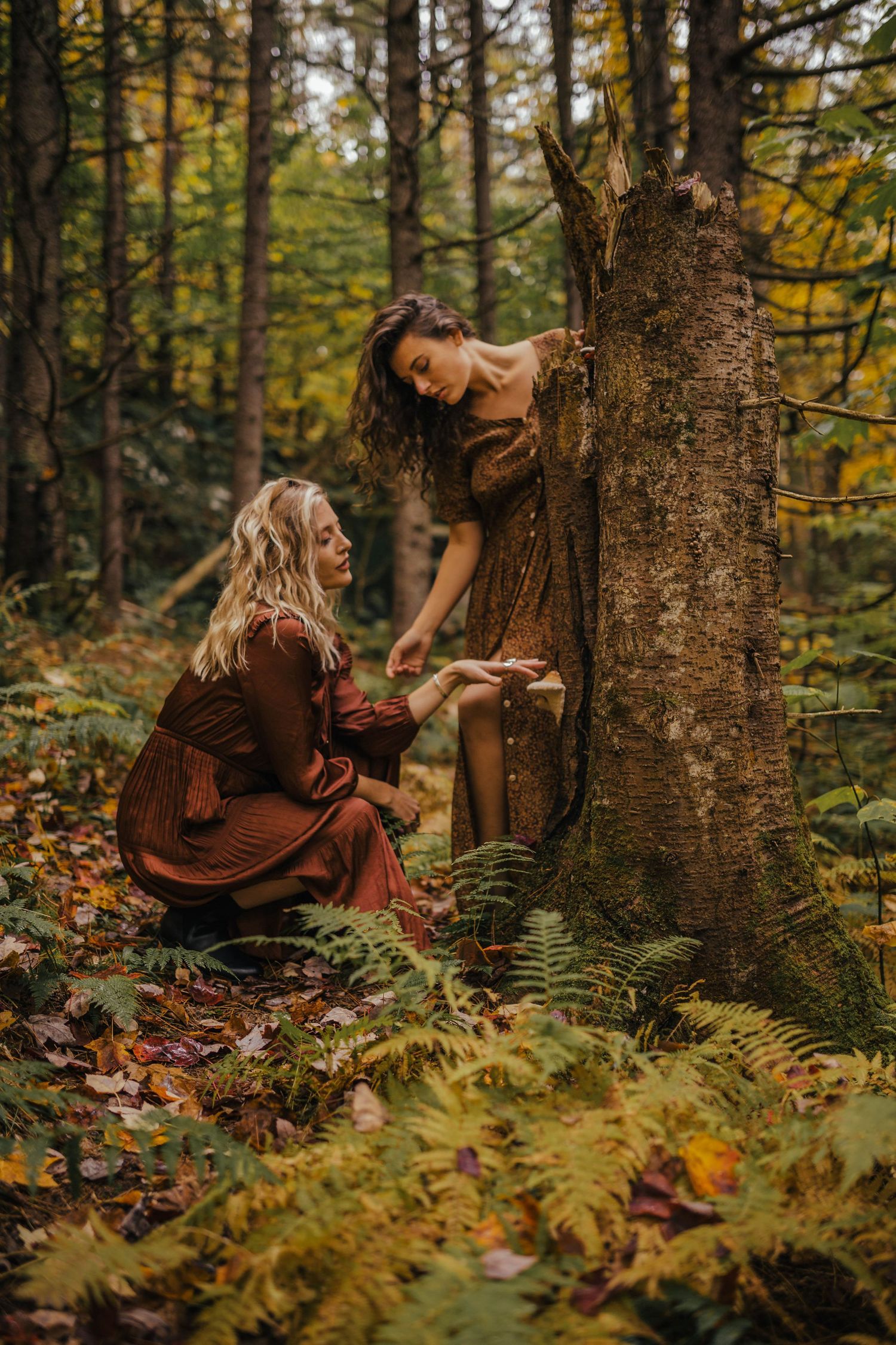 Two women in earthy toned dresses interact near a mossy tree surrounded by ferns in an autumn forest.