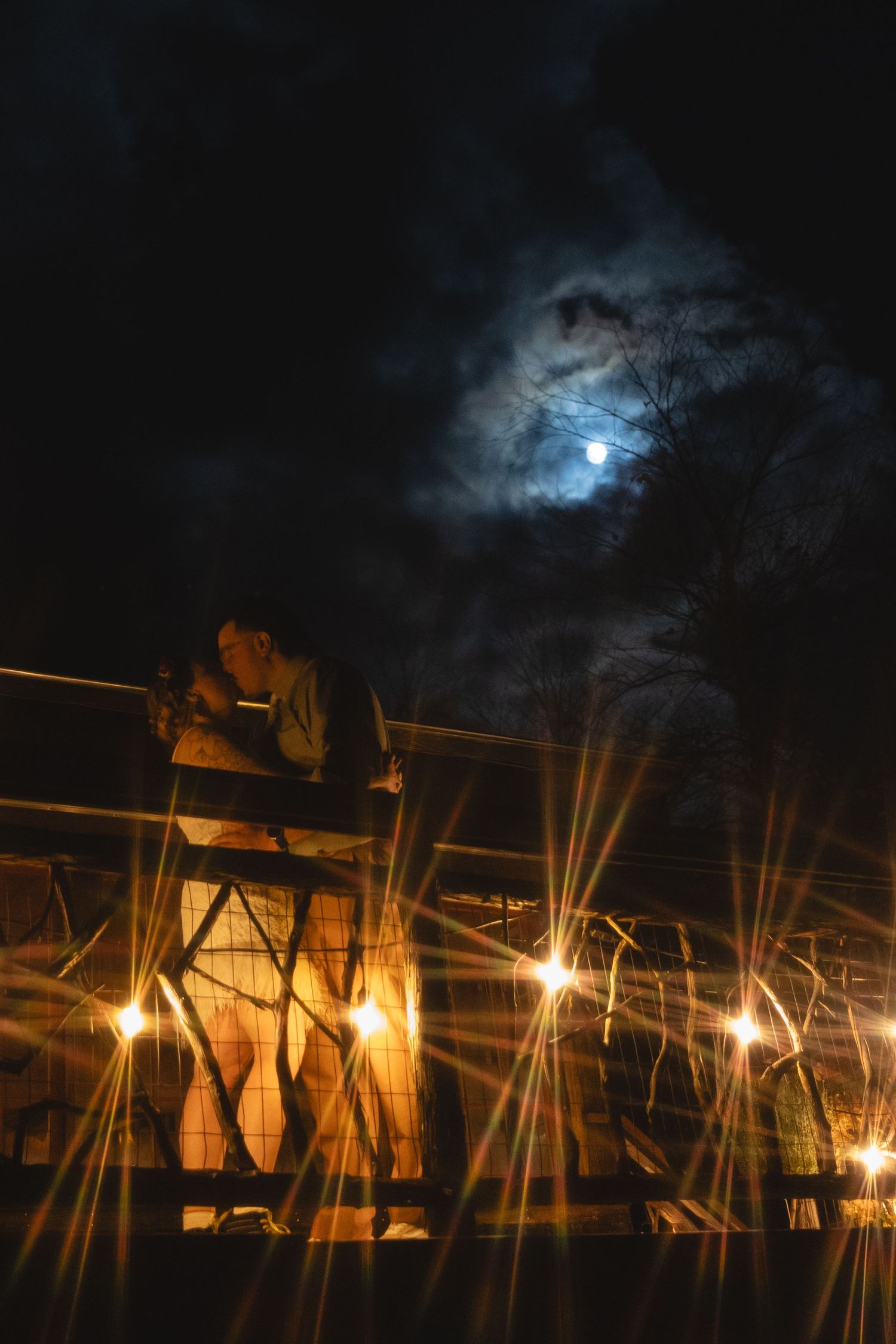 A romantic nighttime scene with string lights and a full moon through cloudy skies.