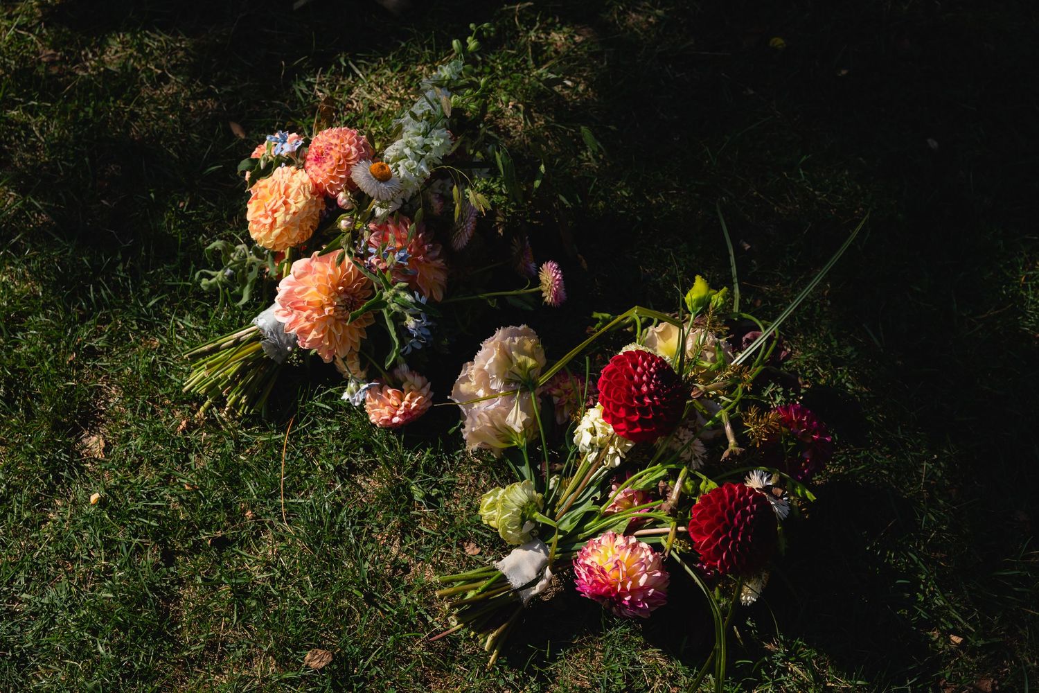 Colorful wedding bouquets with dahlias and wildflowers arranged on green grass in natural light.