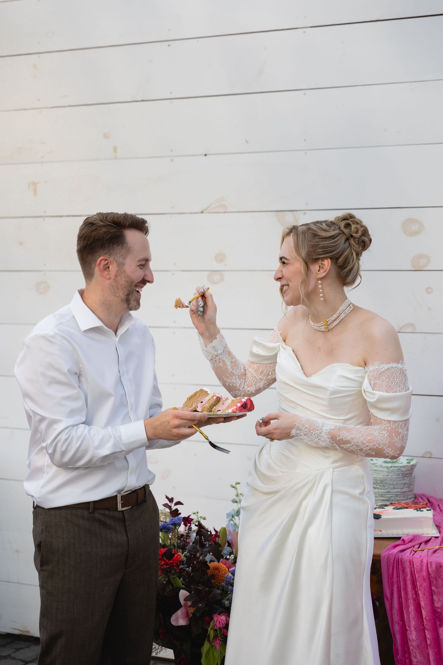 A sequence of photos shows a bride and groom playfully feeding each other cake at their wedding reception.
