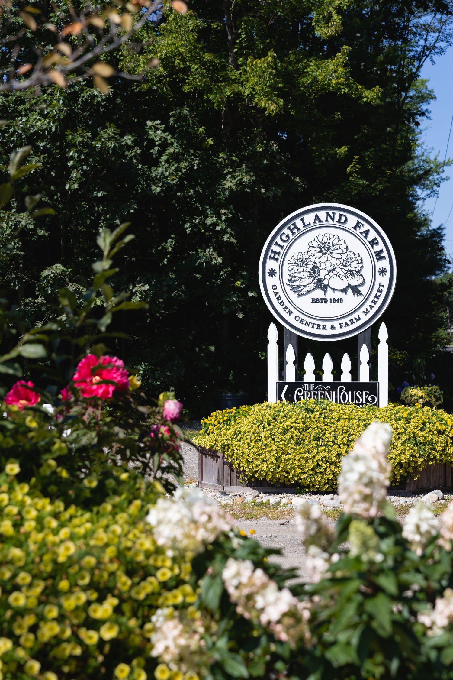 A series of garden signs with Highland Park logo among yellow and pink flowers in a lush outdoor setting.
