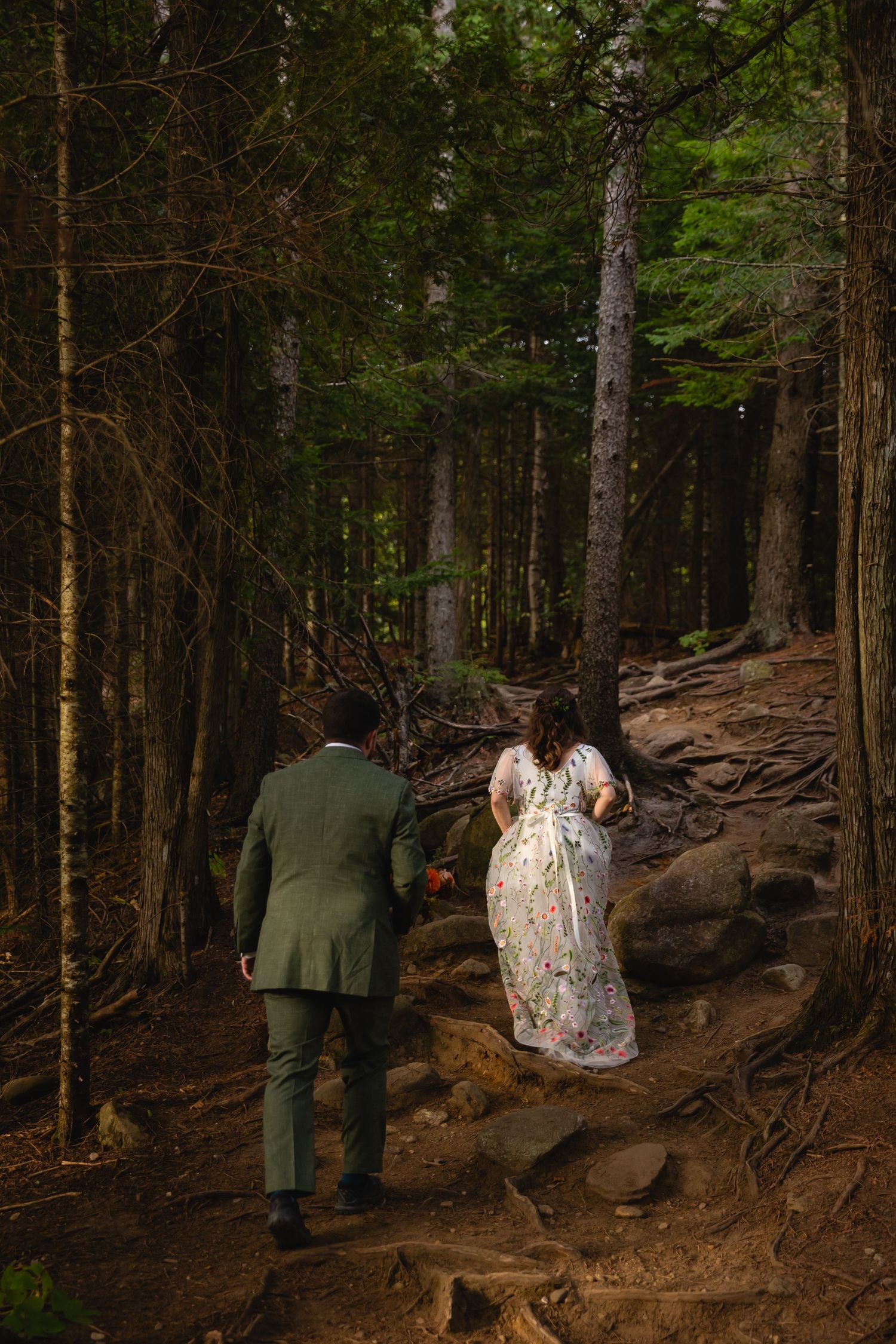 A couple walking through a dense pine forest on a rocky trail during an outdoor photo session.