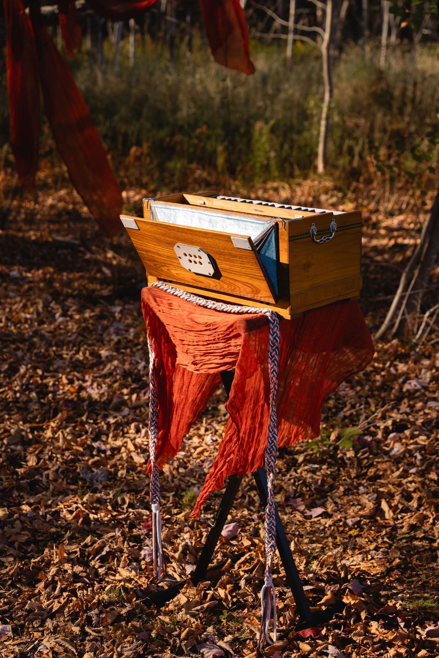 Wooden music box with red tassels sits on a stand among fallen autumn leaves in outdoor setting.
