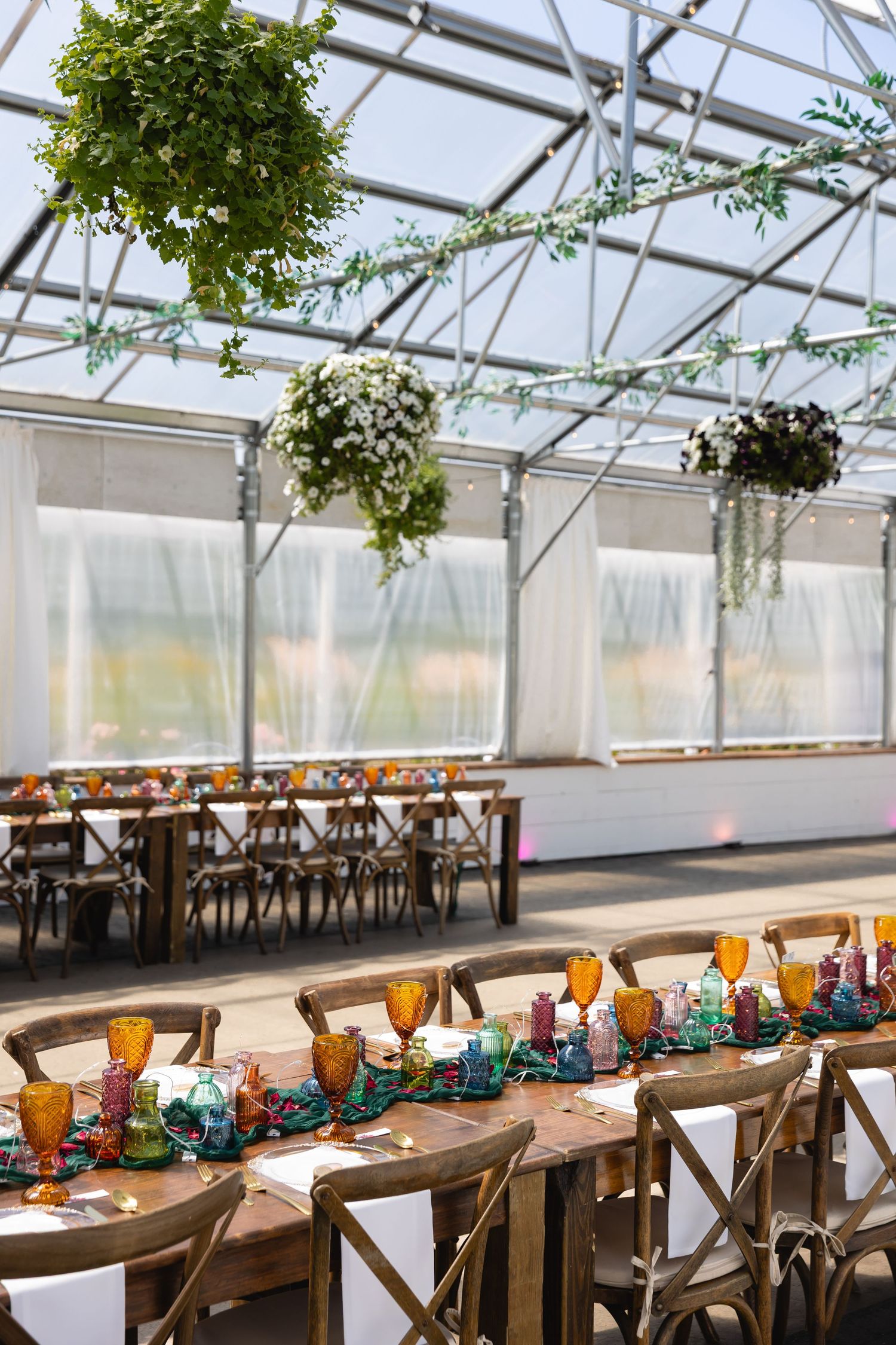 Long wooden dining tables set under a greenhouse-style glass ceiling with hanging plants and natural light.