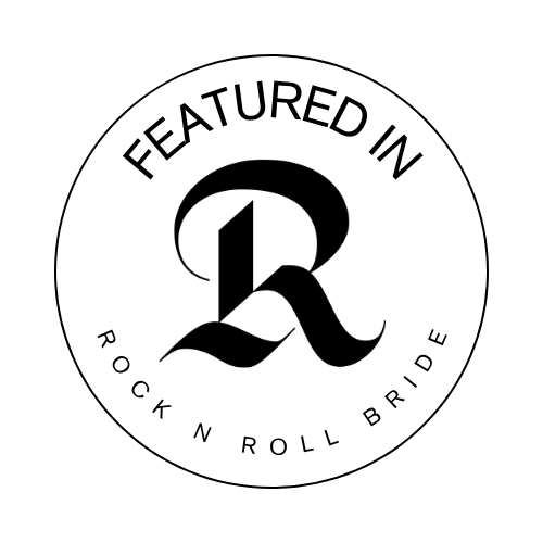 A circular badge reading Featured In Rock N Roll Bride with a decorative R logo in the center.