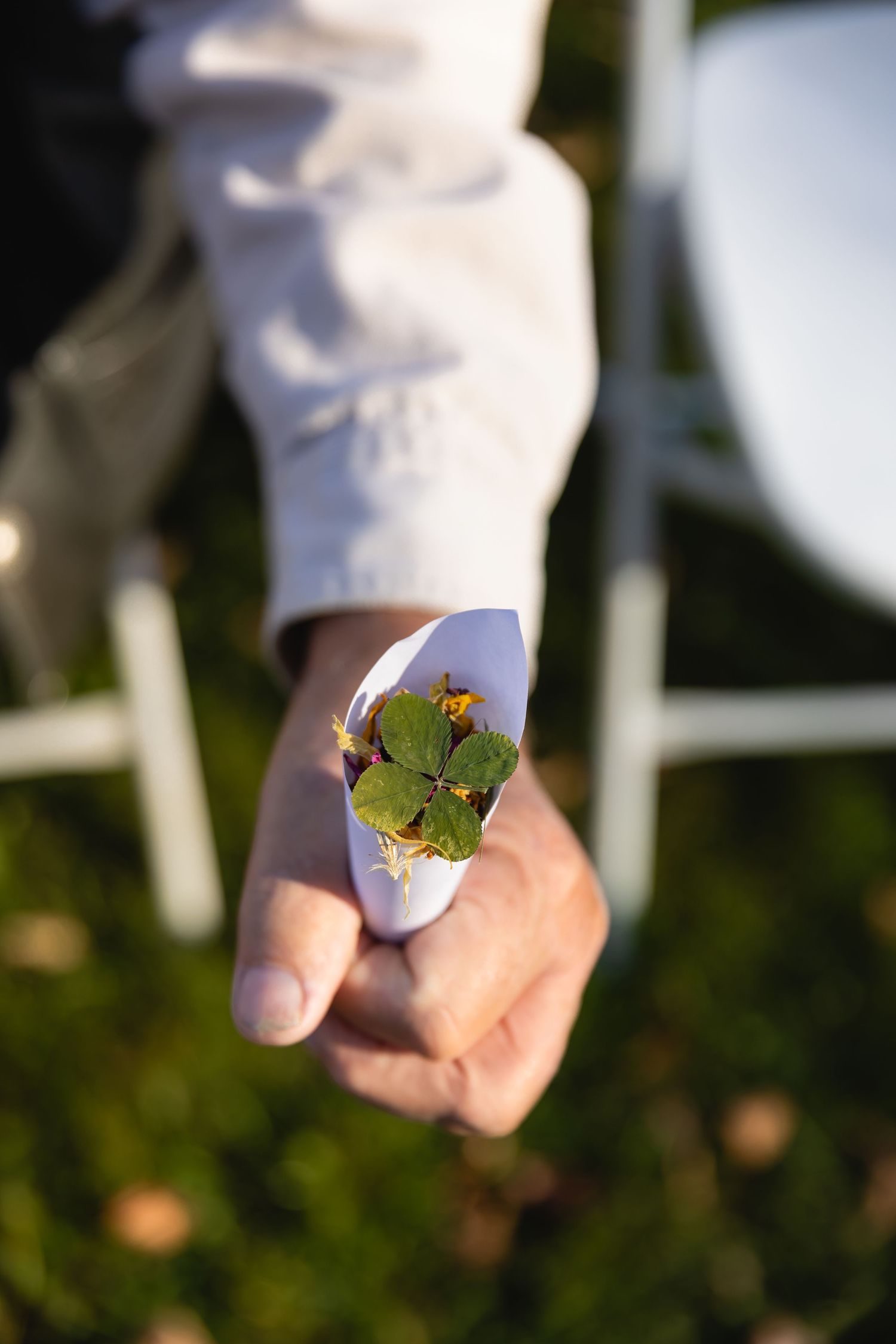 A hand in white gloves holds a delicate four-leaf clover displayed in an eggshell against a blurred green background.