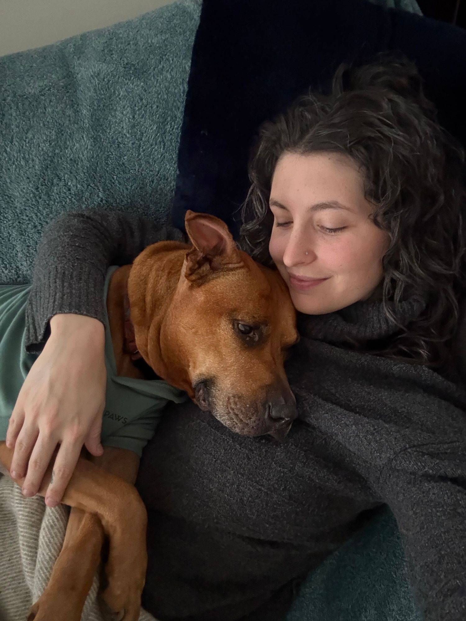 Young woman with curly hair cuddling a brown pit bull dog on a teal couch.