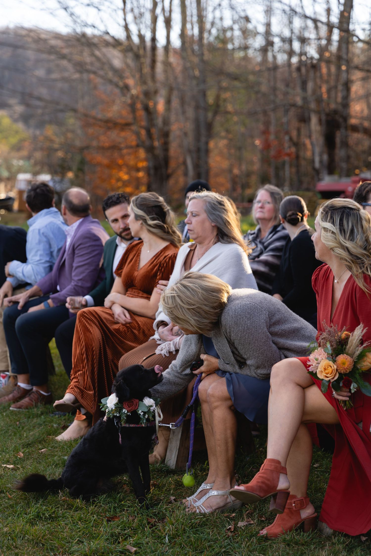 Wedding guests sit together on benches during an autumn outdoor ceremony with fall foliage in the background.