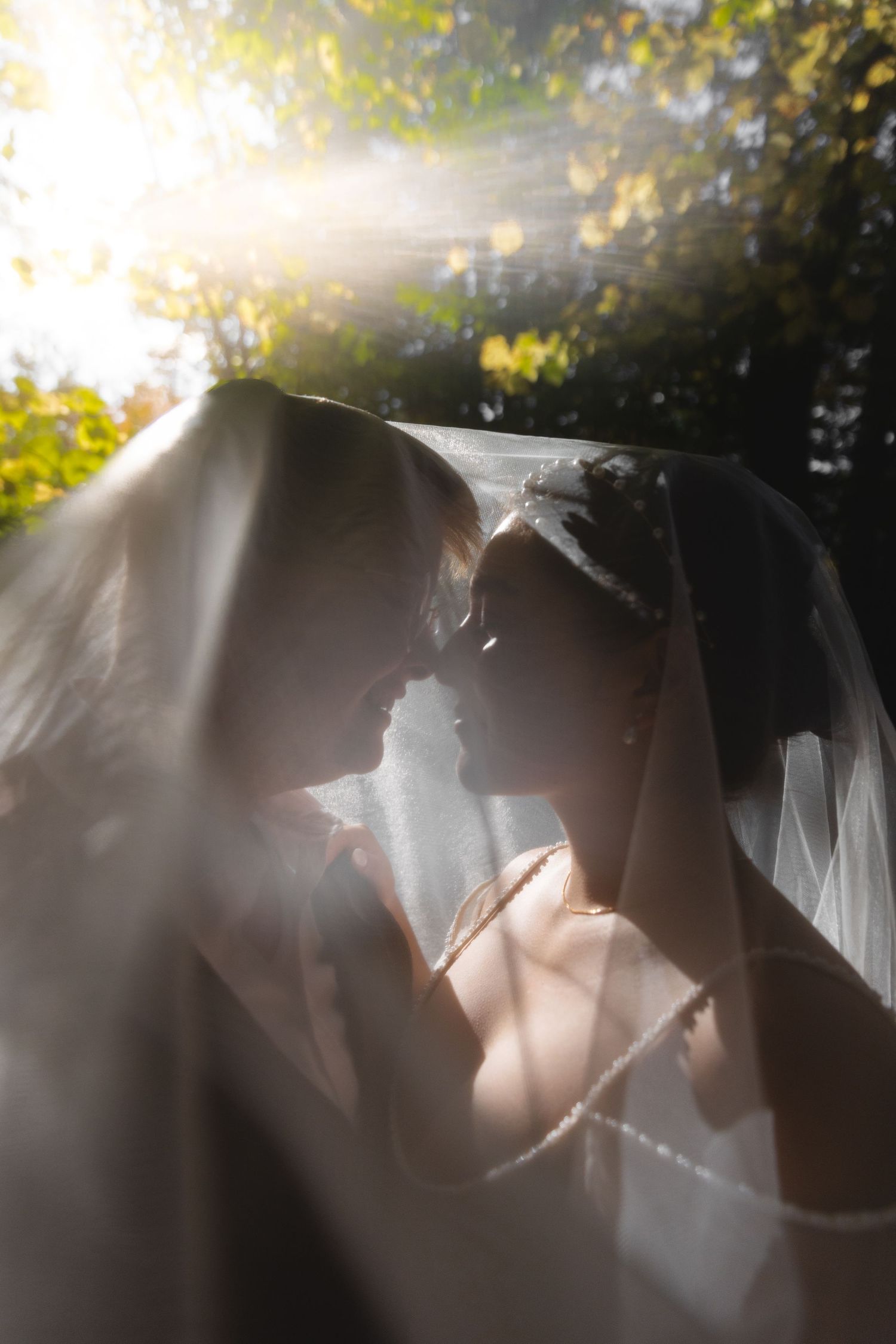 Artistic wedding photo through veil with sunlight creating ethereal effect.