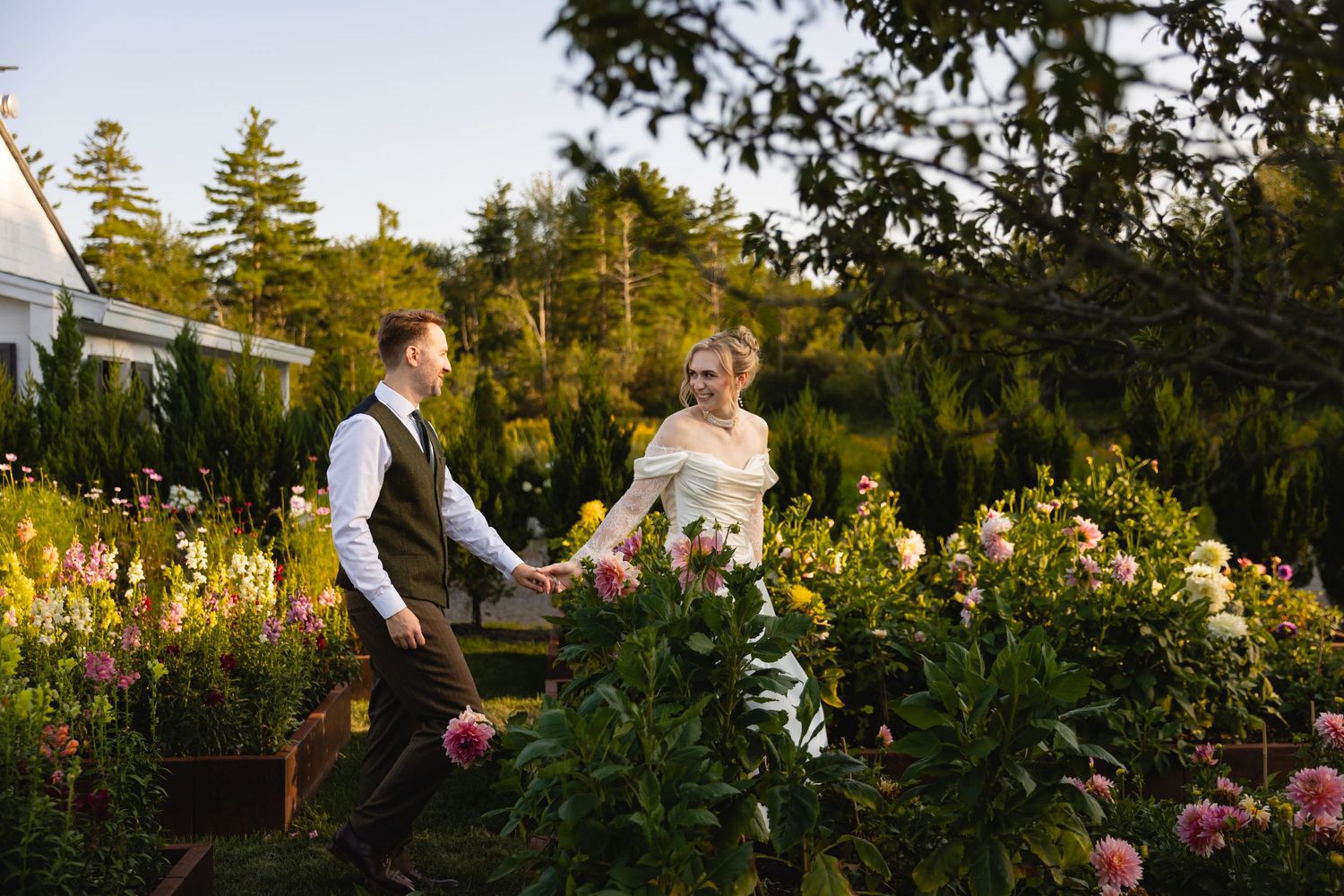 A colorful garden path lined with blooming dahlias and ornamental plants leads through a lush landscape at sunset.