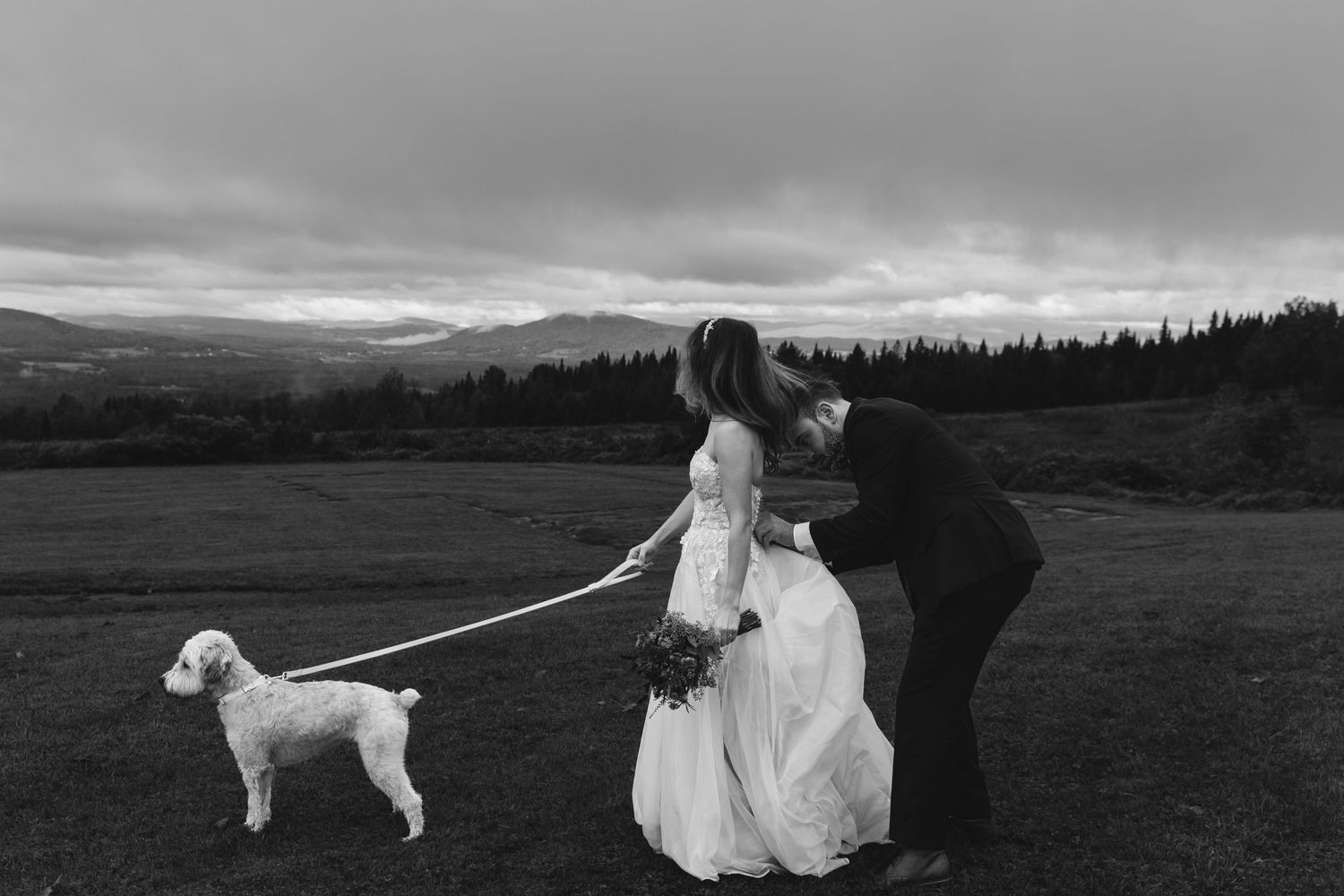 A black and white wedding photo of a couple kissing while holding their dog's leash in a mountain field.