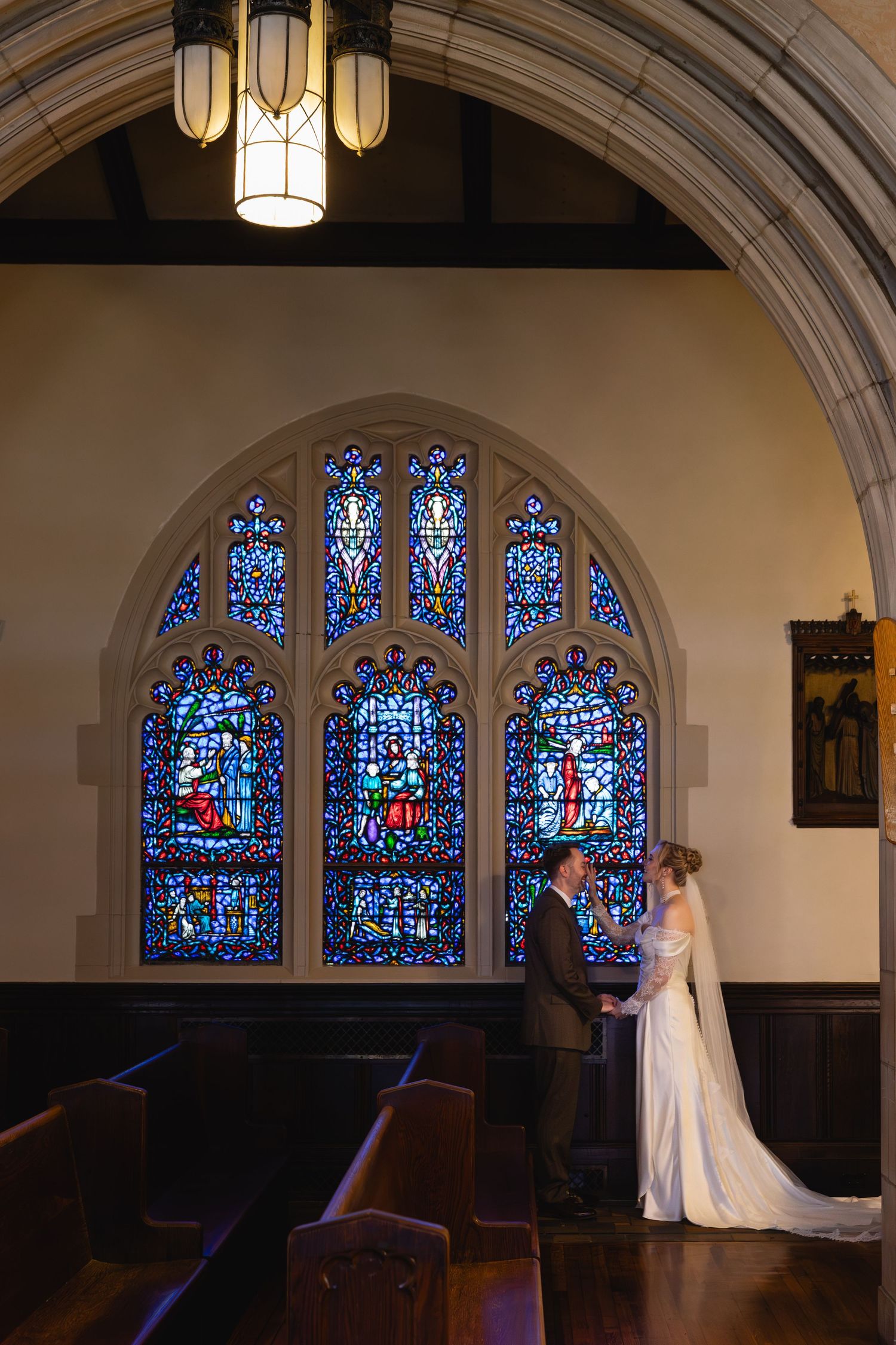 A sequence of church interior photos showing stained glass windows and pews with a figure in white against dark wood details.