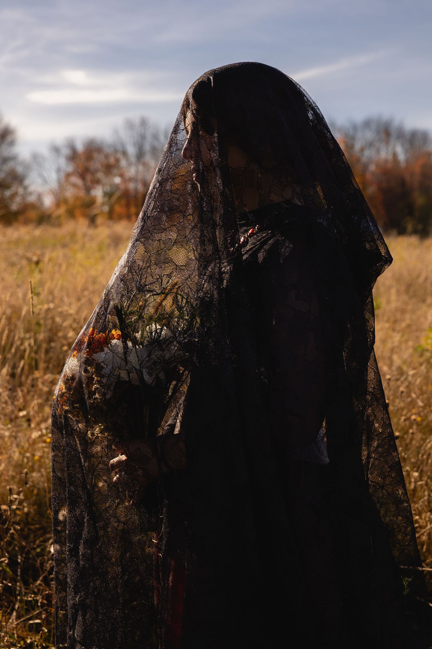 A dark hooded figure stands mysteriously in a golden autumn field against a cloudy sky.
