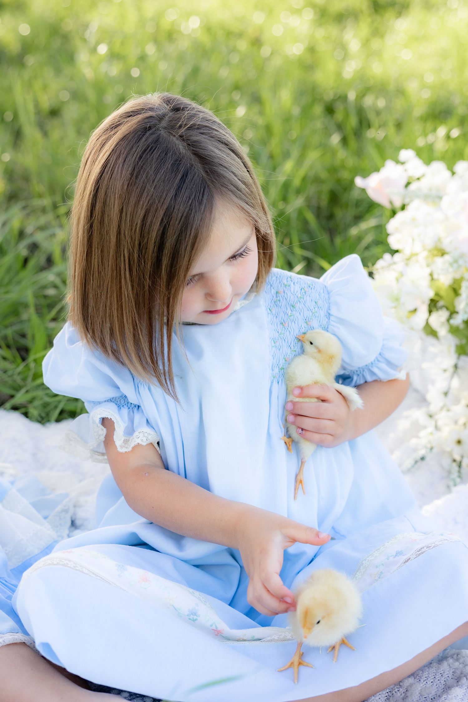 Spring Mini Session with baby chicks in a grass field at sunset near Dothan, Alabama