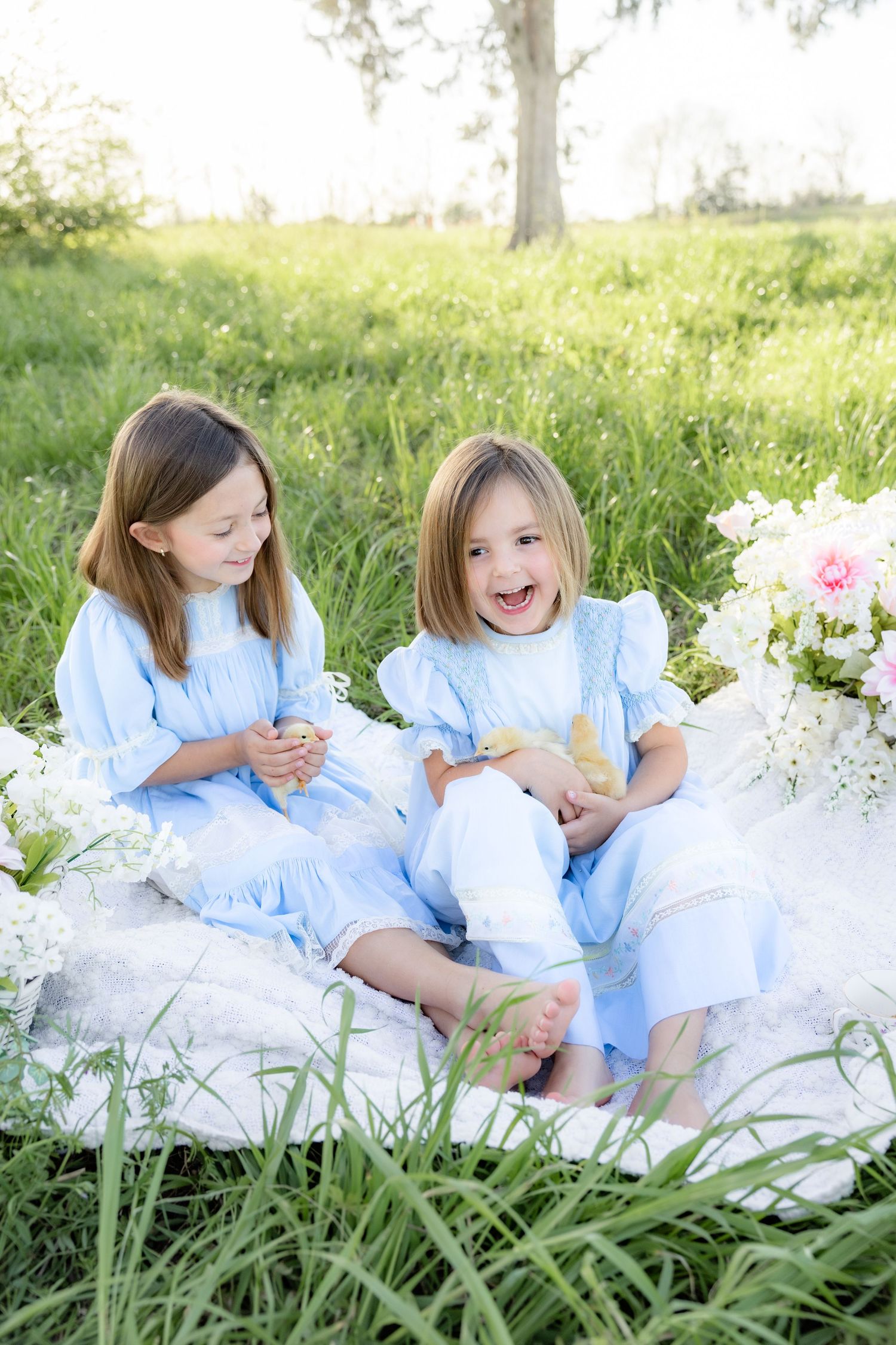 Spring Mini Session with baby chicks in a grass field at sunset near Dothan, Alabama
