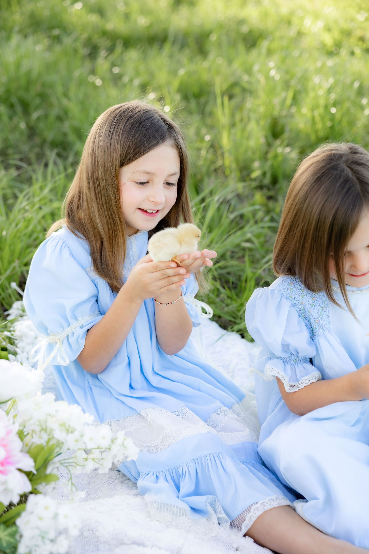 Spring Mini Session with baby chicks in a grass field at sunset near Dothan, Alabama