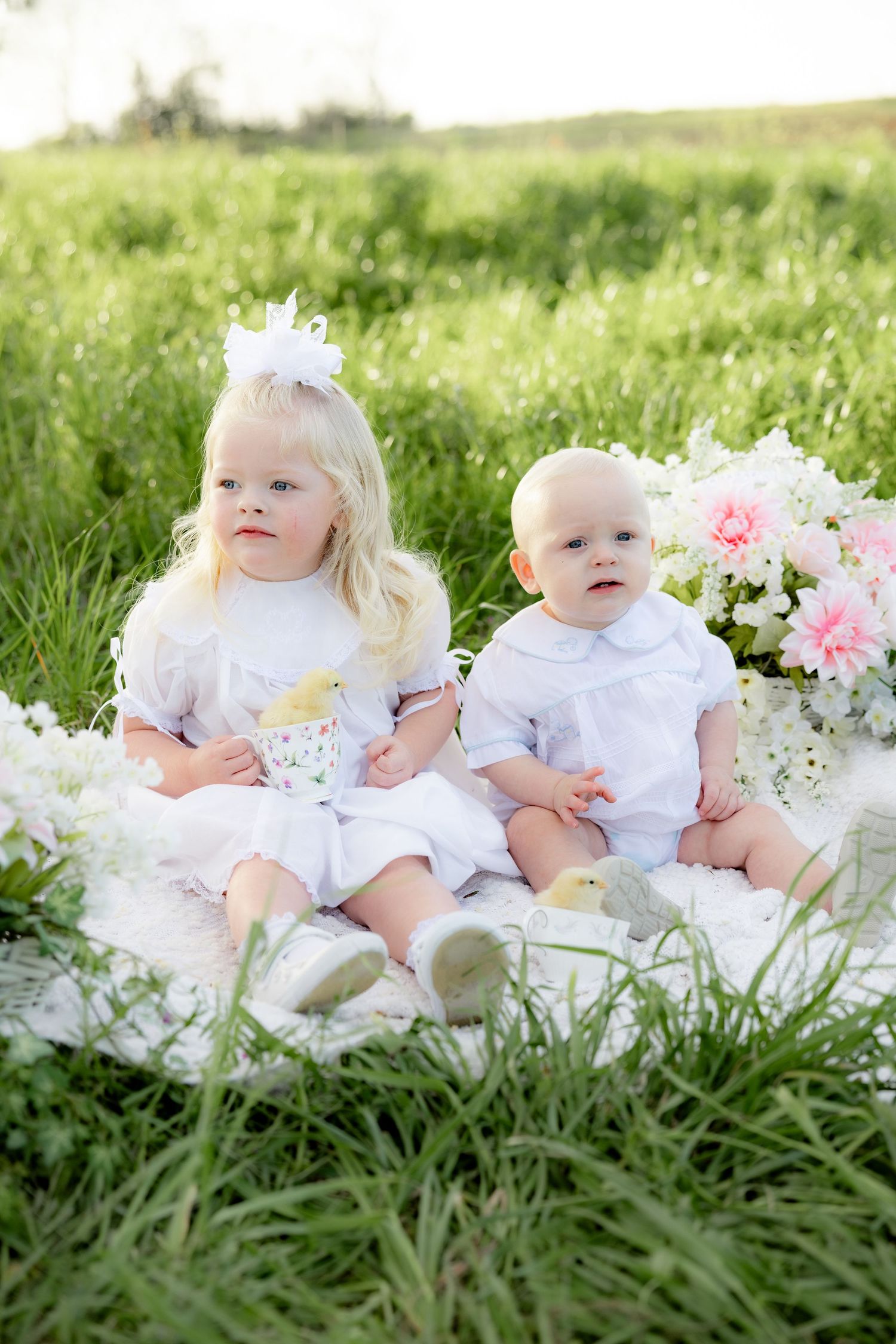 Spring Mini Session with baby chicks in a grass field at sunset near Dothan, Alabama