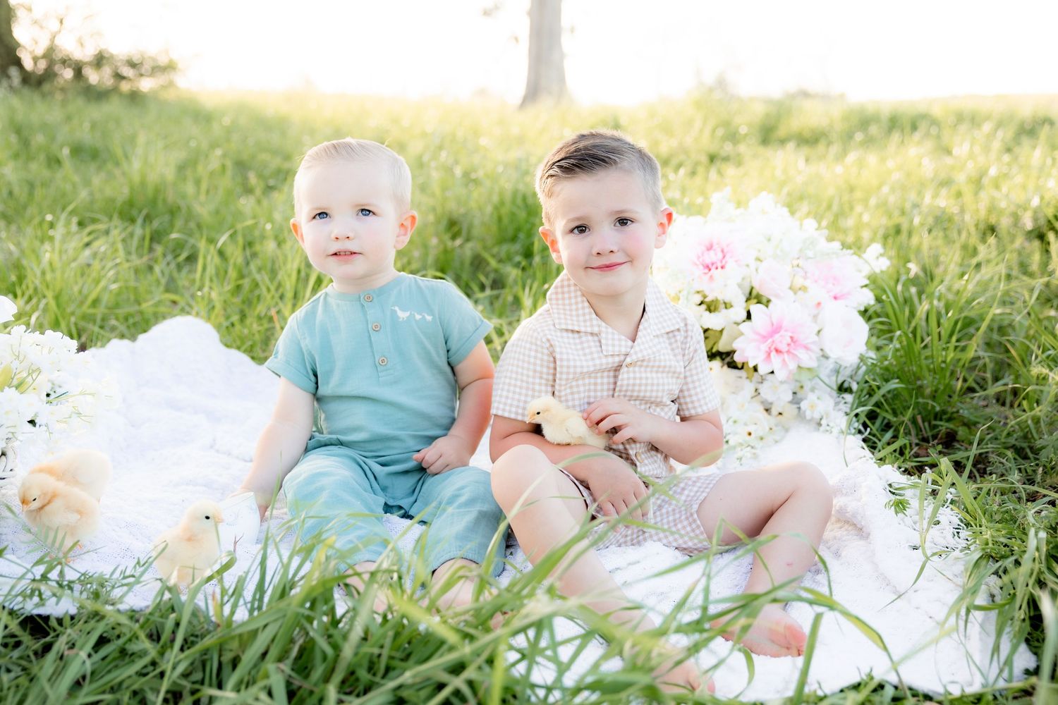 Spring Mini Session with baby chicks in a grass field at sunset near Dothan, Alabama
