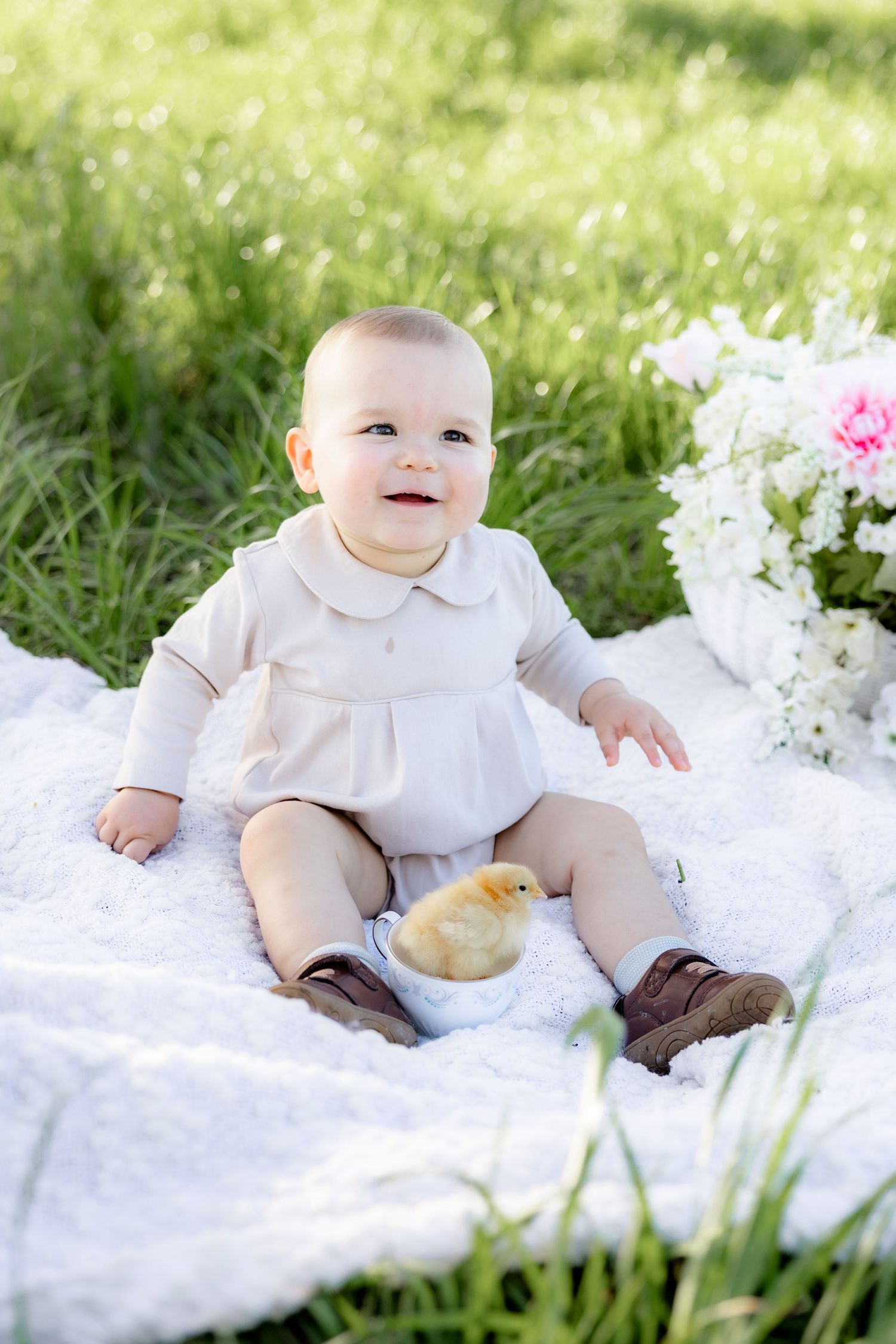 Spring Mini Session with baby chicks in a grass field at sunset near Dothan, Alabama