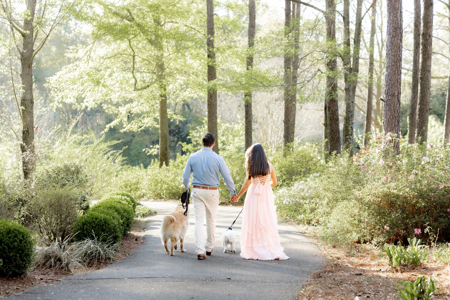 Romantic Spring Couple Photos with their dogs at Dothan Area Botanical Gardens in Alabama