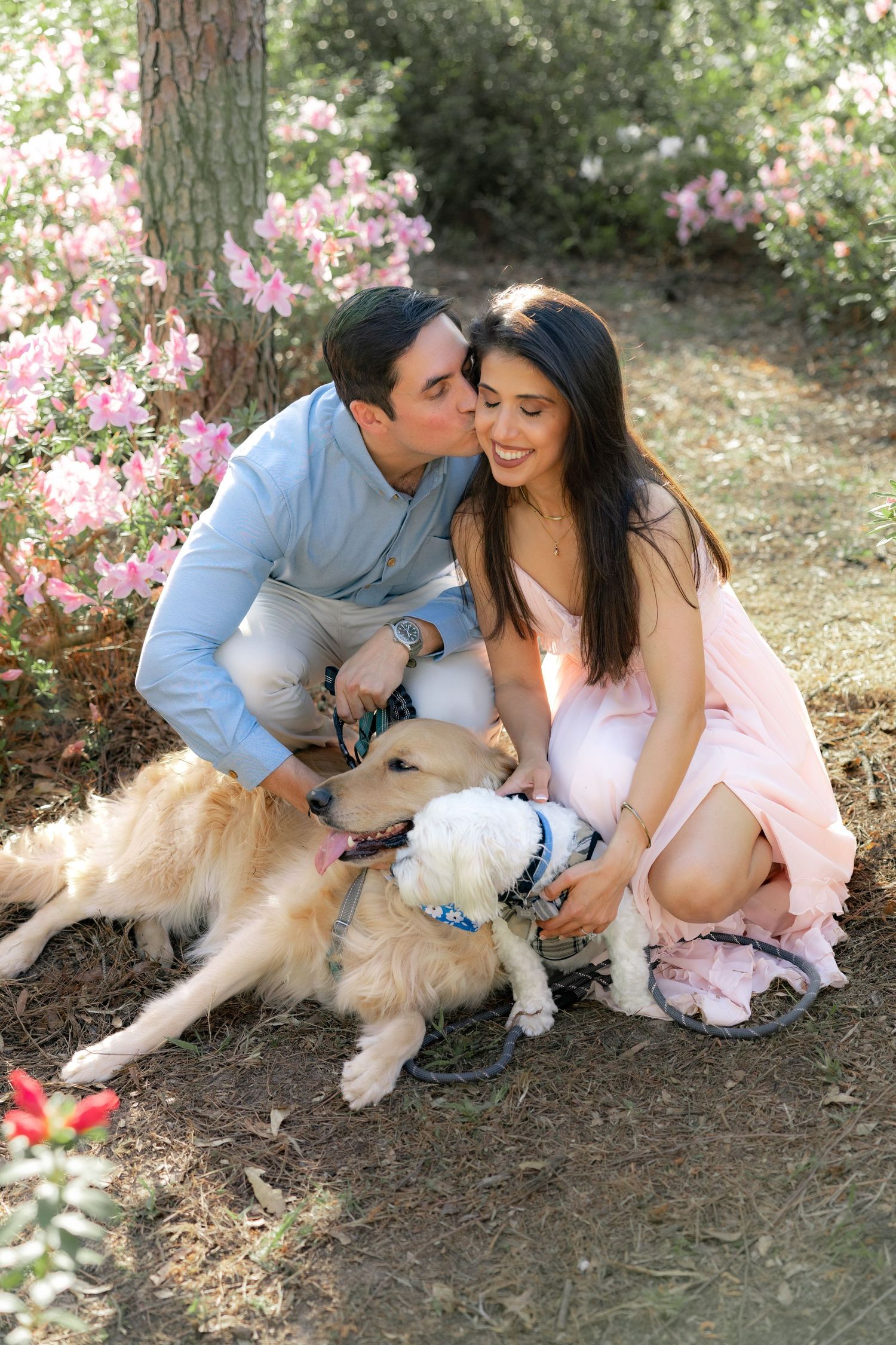 Romantic Spring Couple Photos with their dogs at Dothan Area Botanical Gardens in Alabama