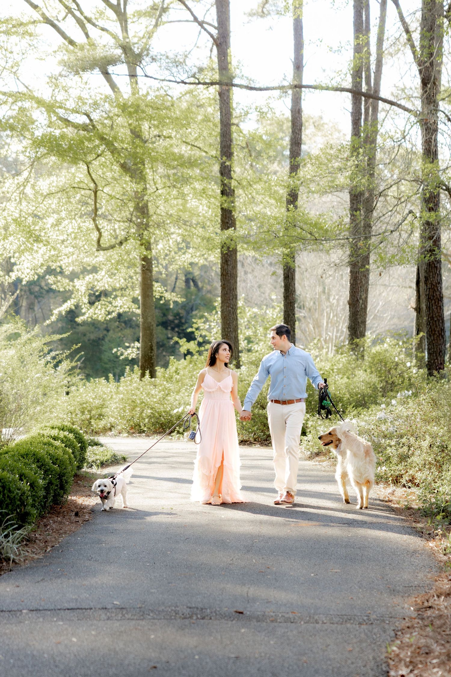 Romantic Spring Couple Photos with their dogs at Dothan Area Botanical Gardens in Alabama
