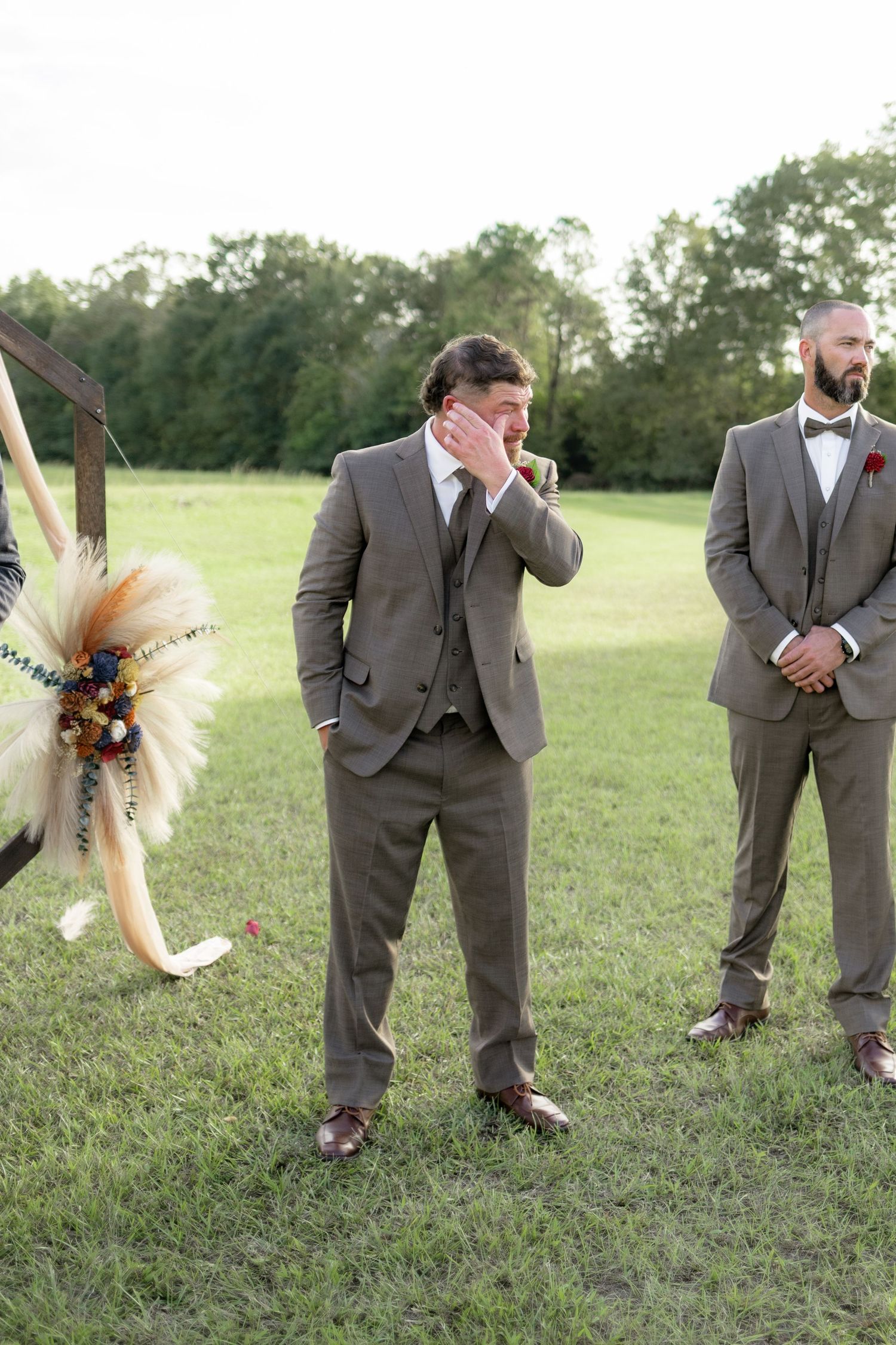 Groom Crying at sight of bride at a wedding at Hilltop Acres Wicksburg, Alabama