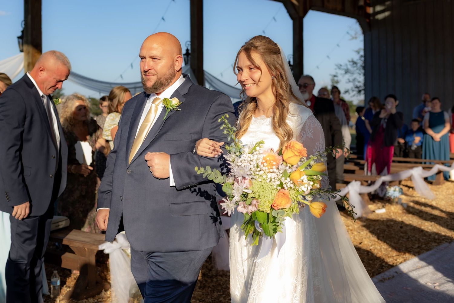Father and bride walking down the aisle at Dalrymple Farms Enterprise, Alabama