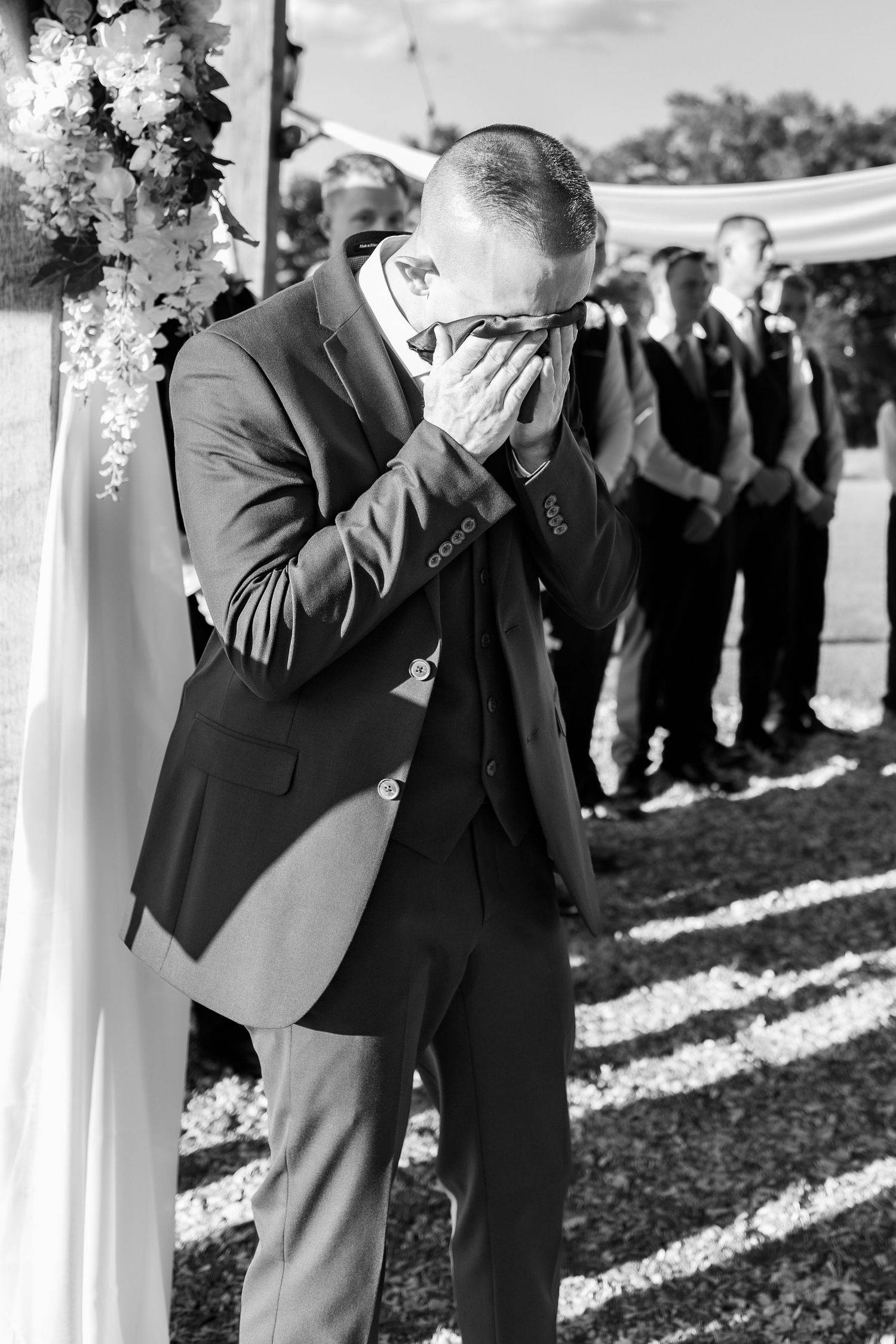 Groom crying at first sight of bride at Dalrymple Farms Enterprise, Alabama