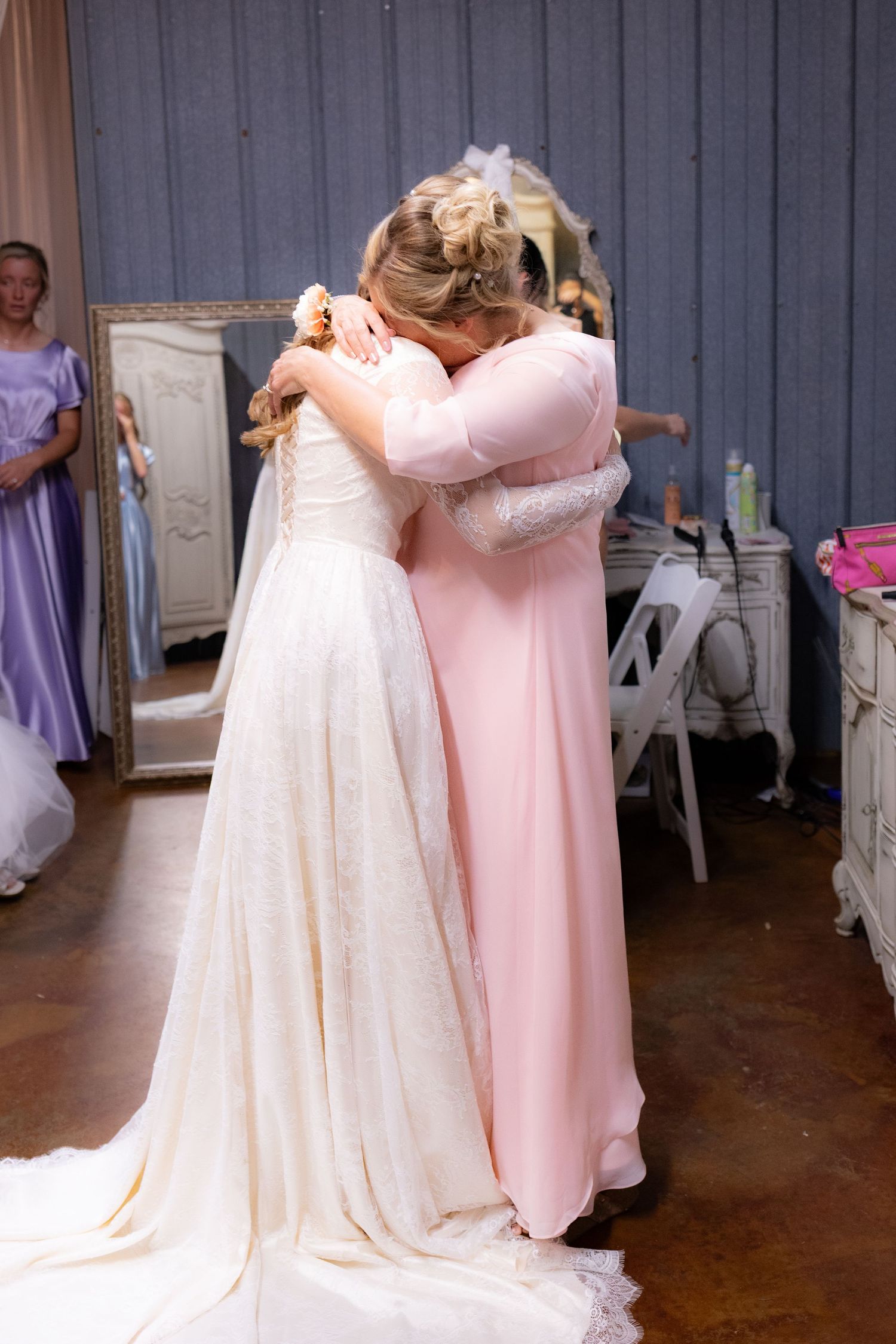 Bride first look with mother at wedding venue Dalrymple Farms Enterprise, Alabama