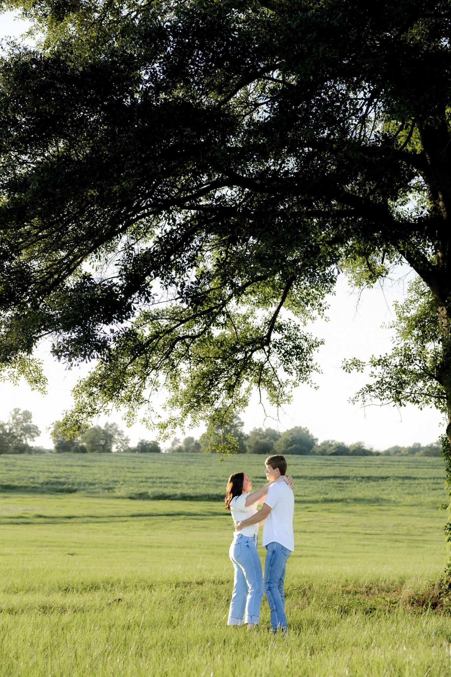 Romantic couple photos in a natural grass field setting with large trees at sunset.
