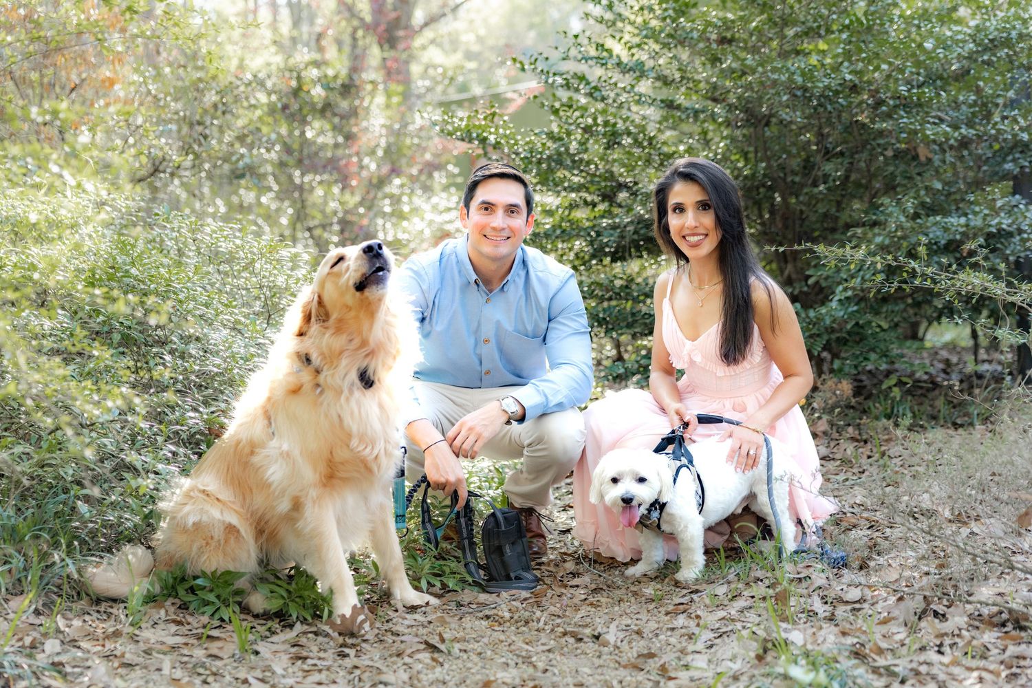 Romantic Spring Couple Photos with their dogs at Dothan Area Botanical Gardens in Alabama